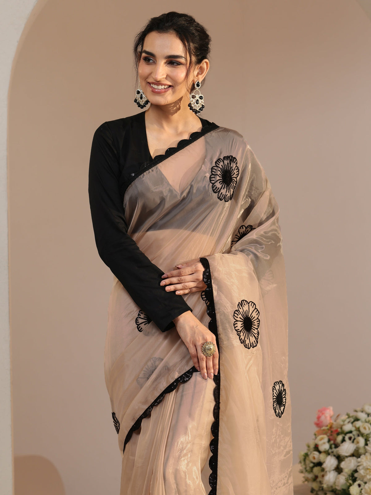 Anouk Beige Floral Embroidered Tissue Saree with Scalloped Border