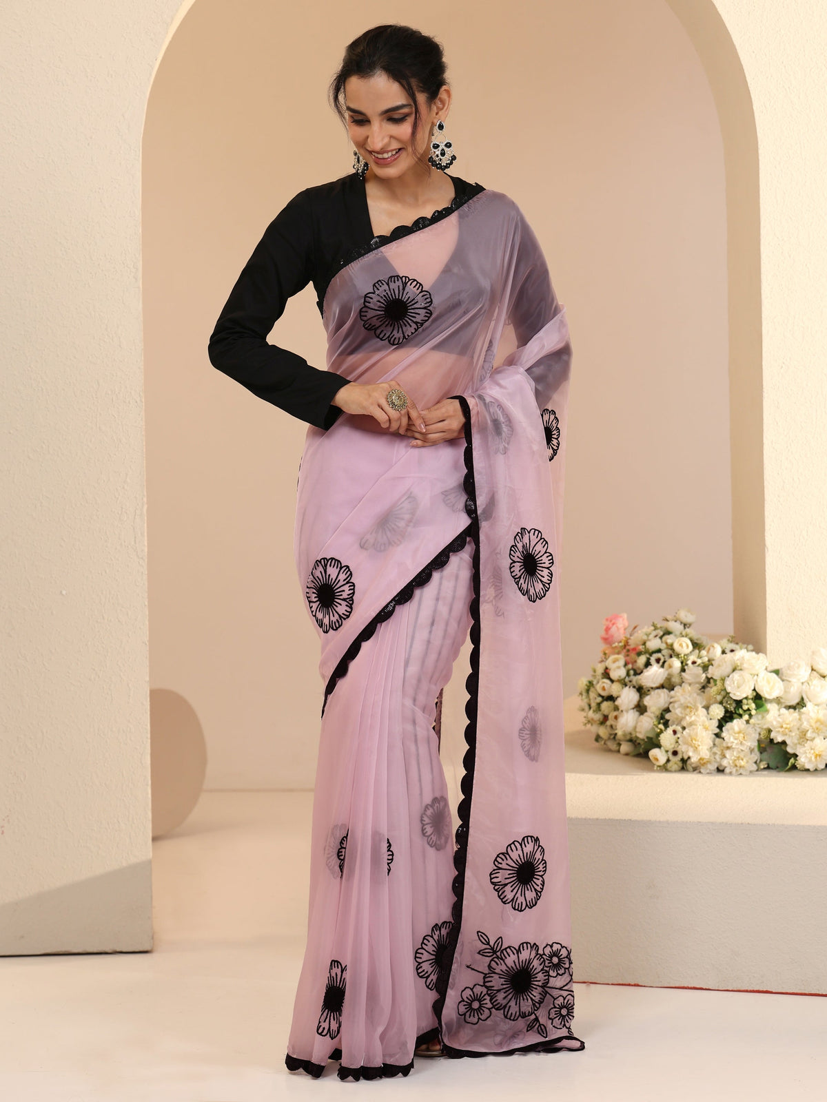 Anouk Baby Pink Floral Embroidered Tissue Saree with Scalloped Border