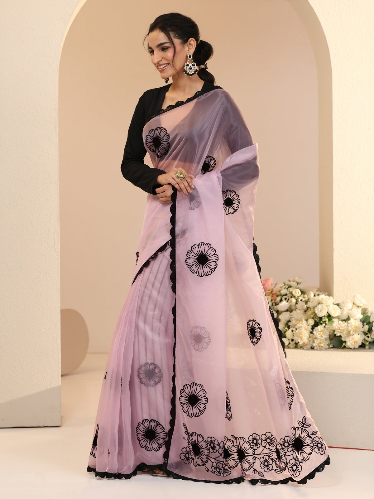 Anouk Baby Pink Floral Embroidered Tissue Saree with Scalloped Border