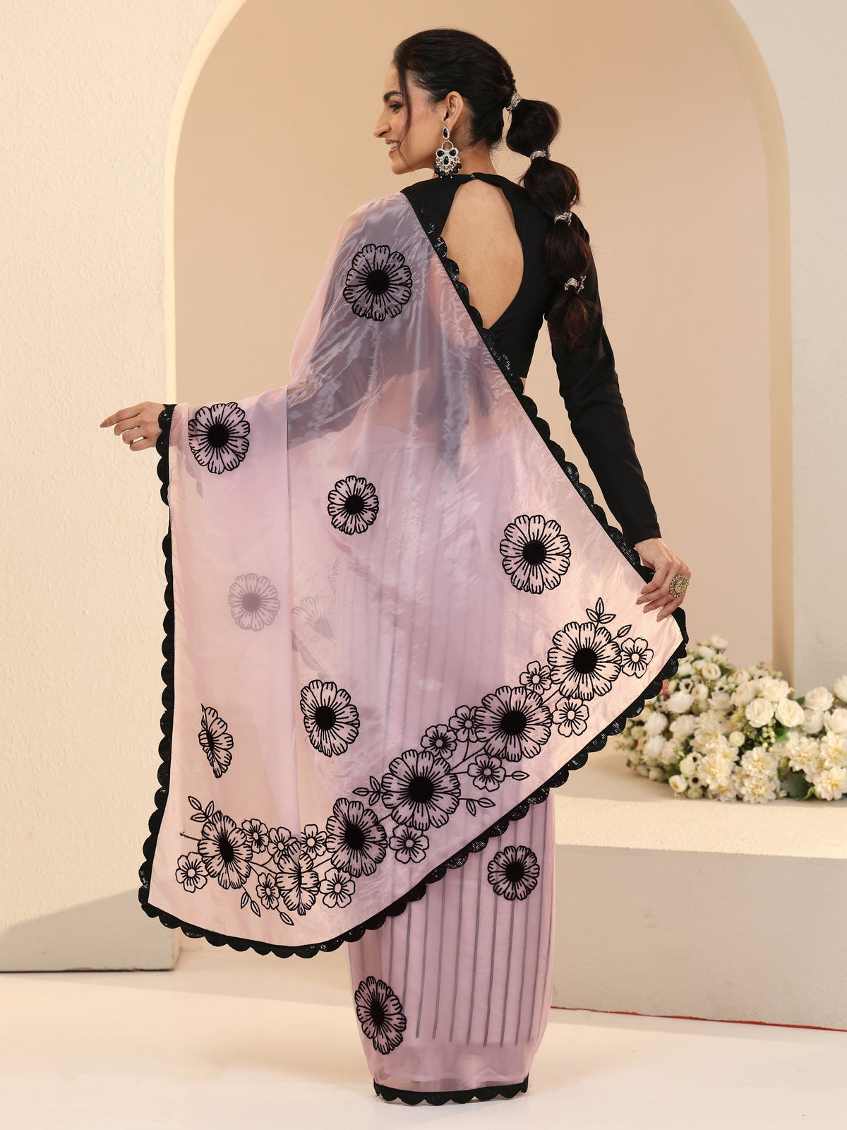 Anouk Baby Pink Floral Embroidered Tissue Saree with Scalloped Border