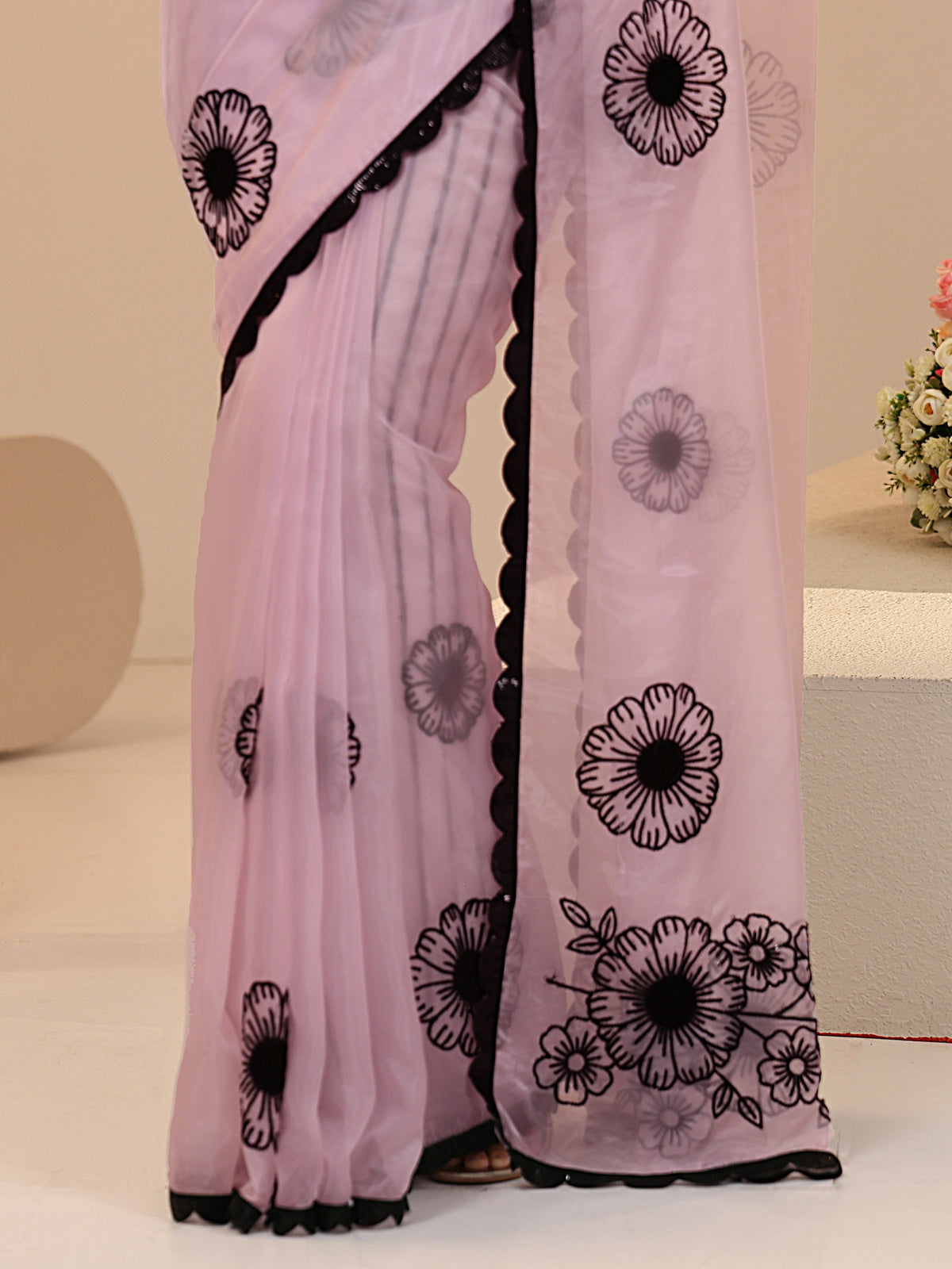 Anouk Baby Pink Floral Embroidered Tissue Saree with Scalloped Border
