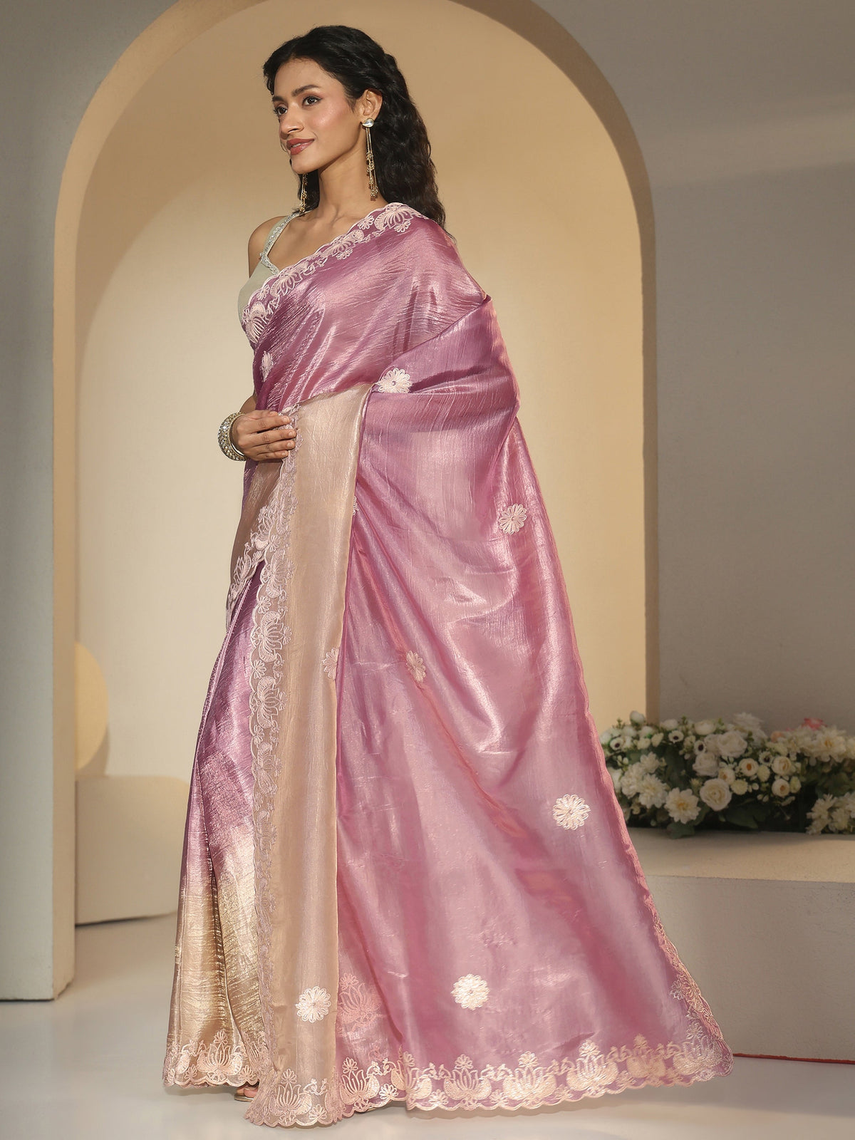 Anouk Lavender Floral Embroidered Tissue Saree