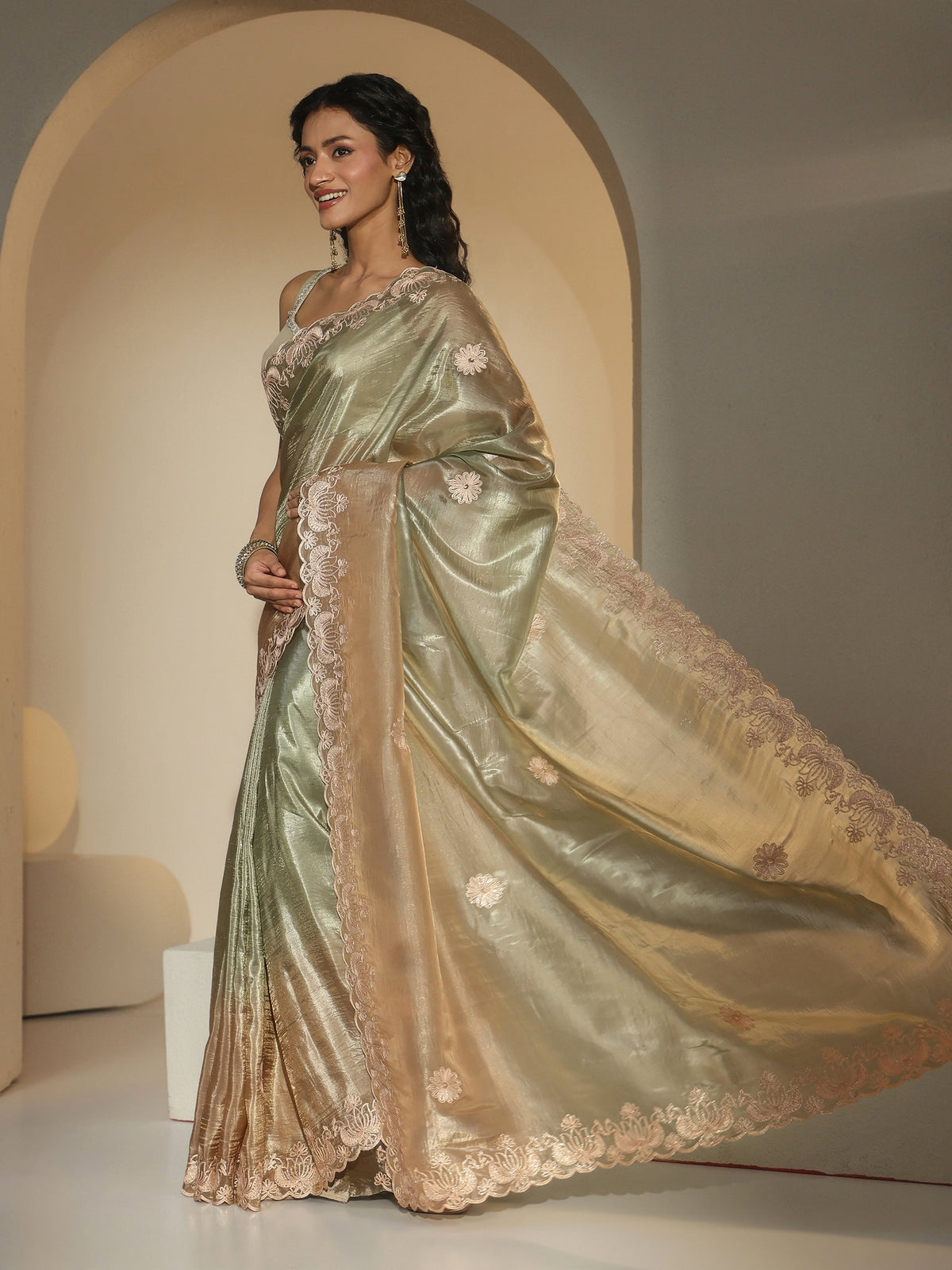 Anouk Sage Green Floral Embroidered Tissue Saree