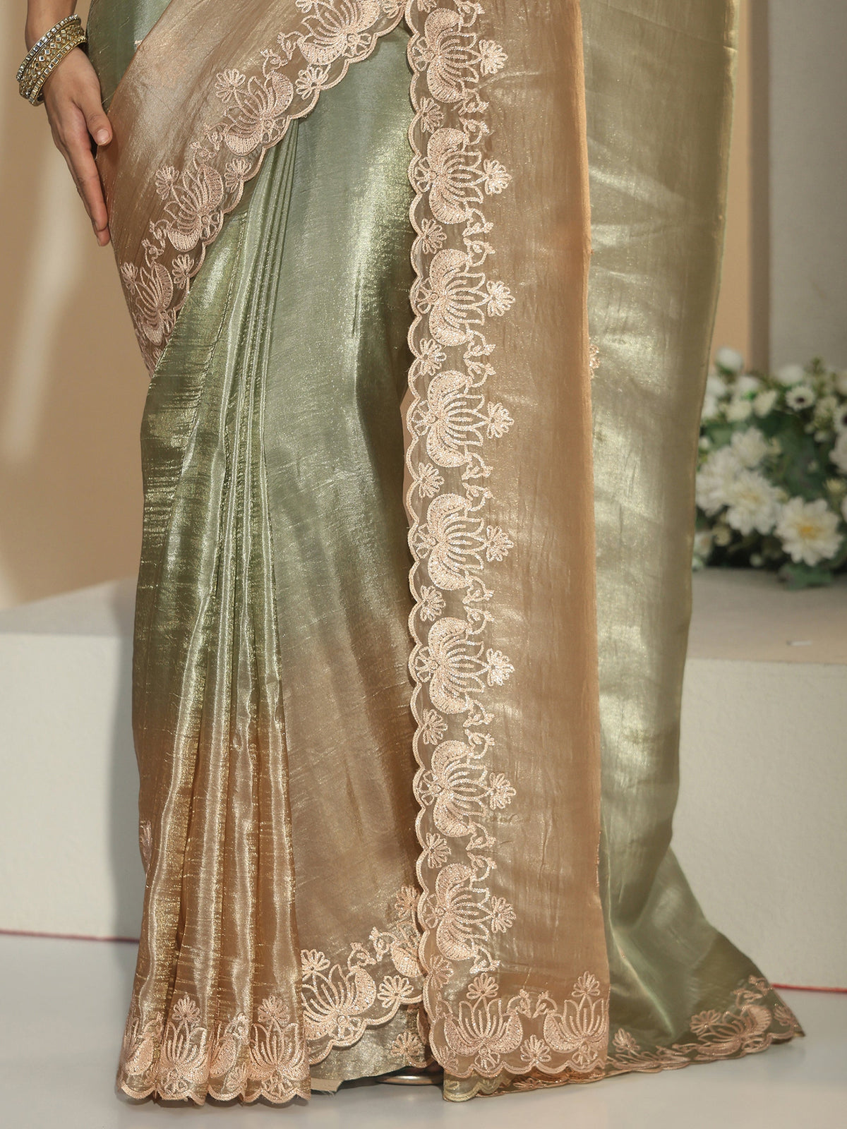 Anouk Sage Green Floral Embroidered Tissue Saree