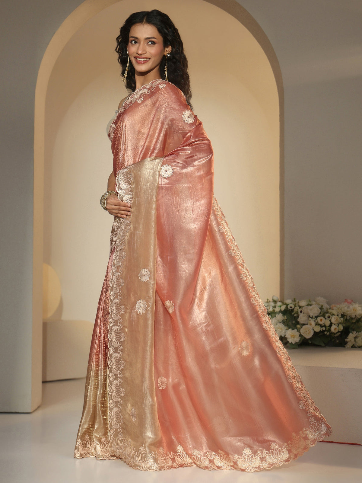Anouk Peach Floral Embroidered Tissue Saree