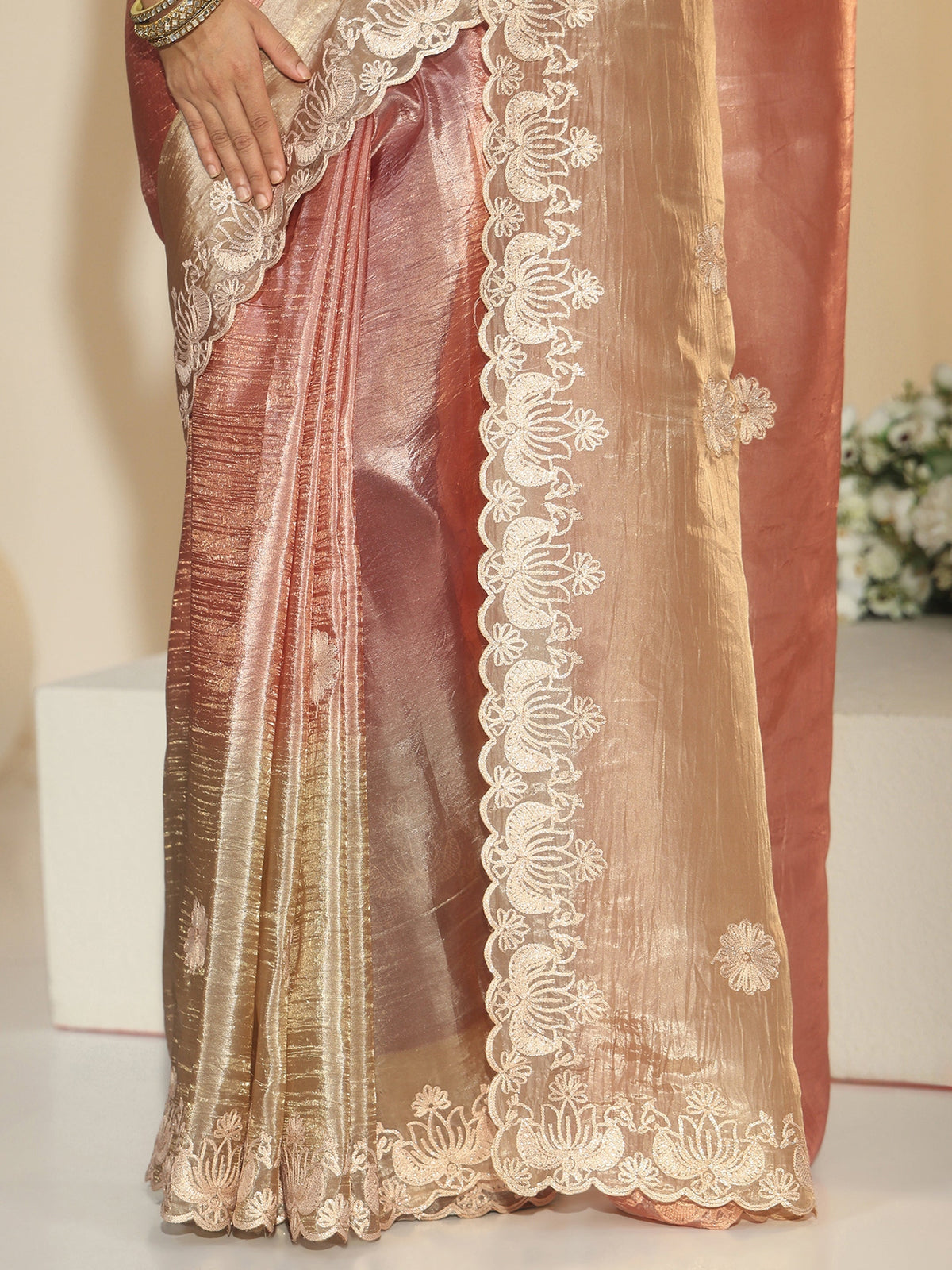 Anouk Peach Floral Embroidered Tissue Saree