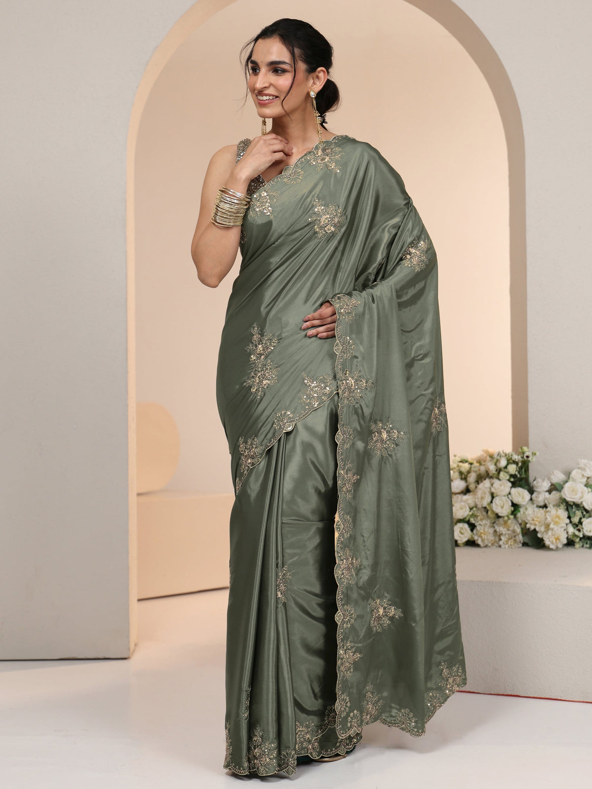 Anouk Dusty Olive Green Floral Embroidered Silk Blend Saree