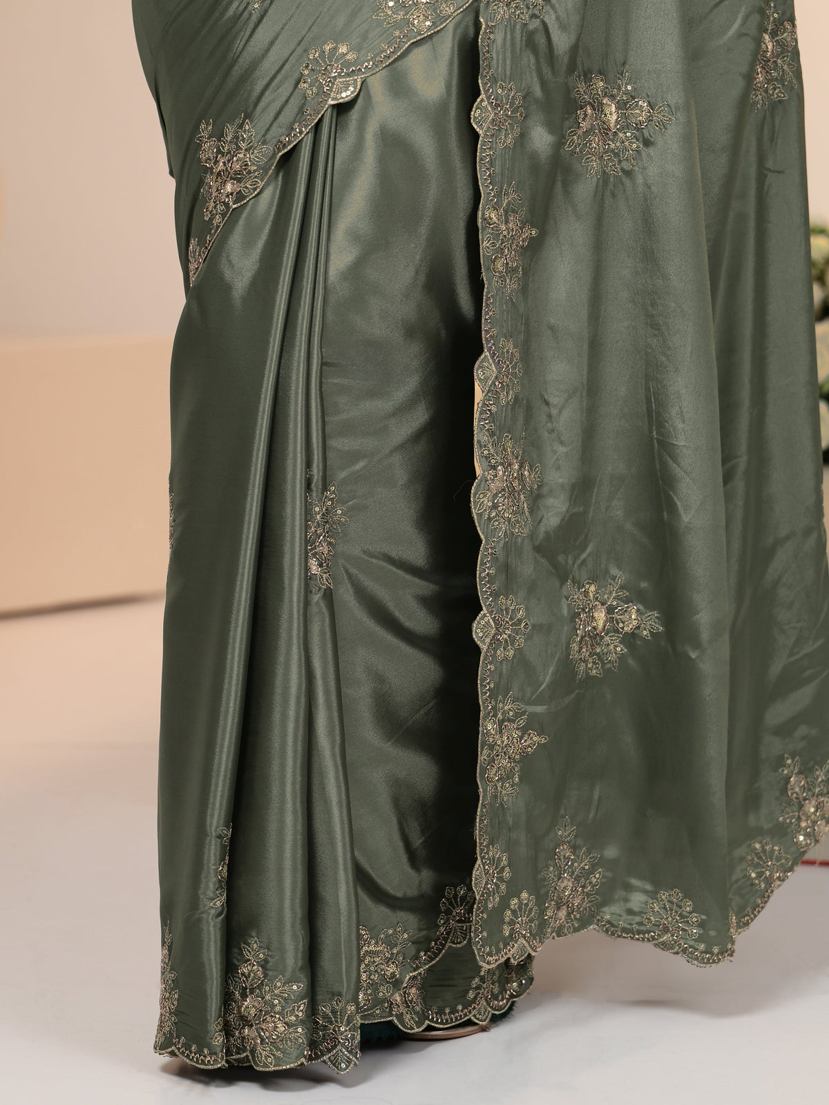 Anouk Dusty Olive Green Floral Embroidered Silk Blend Saree