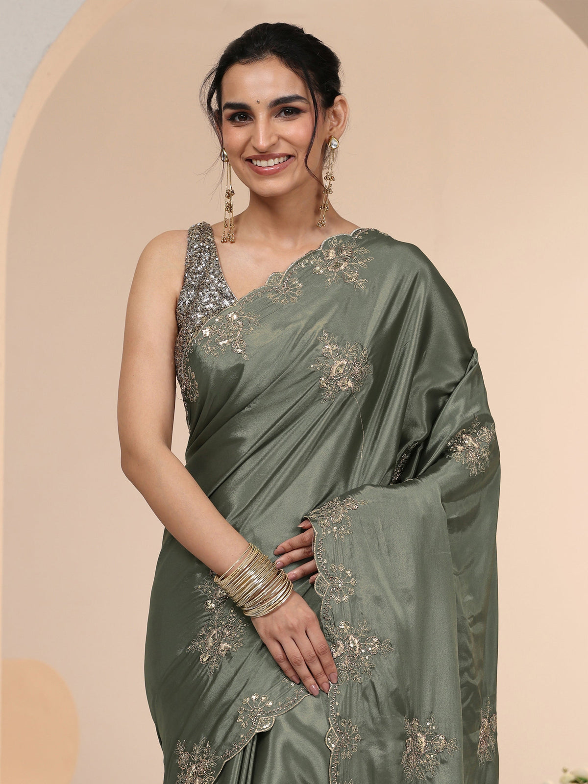 Anouk Dusty Olive Green Floral Embroidered Silk Blend Saree