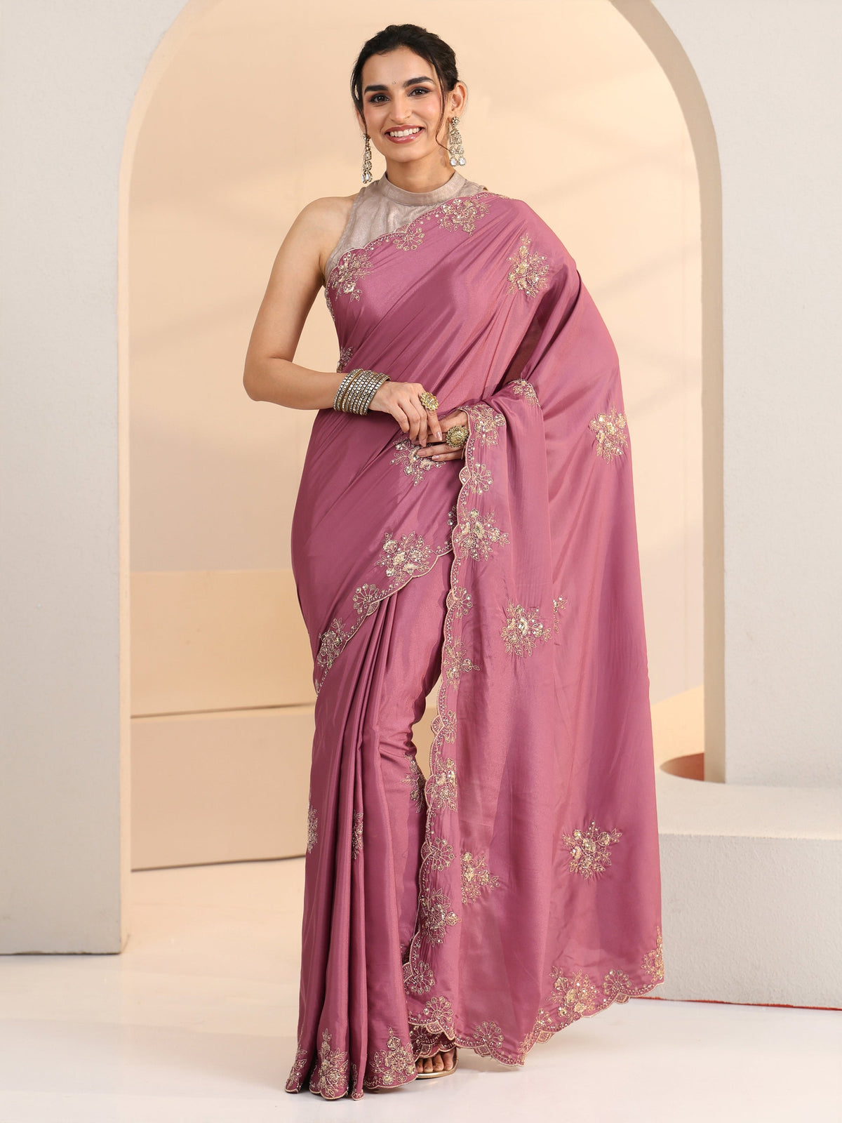 Anouk Dusty Rose Pink Floral Embroidered Silk Blend Saree