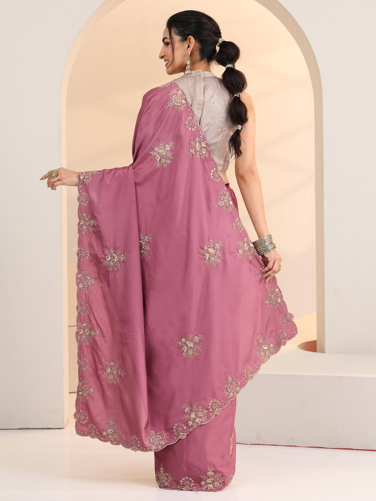 Anouk Dusty Rose Pink Floral Embroidered Silk Blend Saree