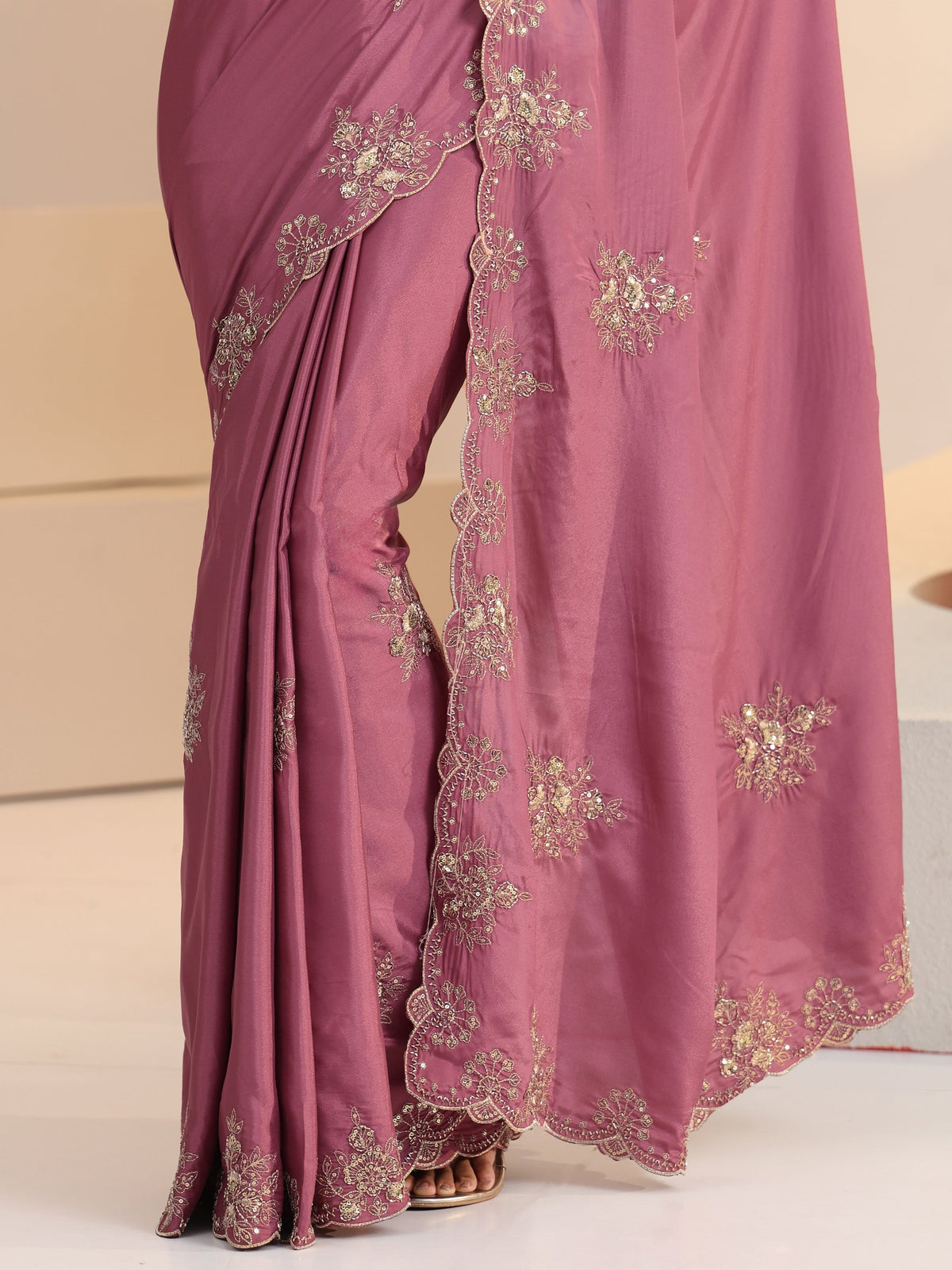 Anouk Dusty Rose Pink Floral Embroidered Silk Blend Saree
