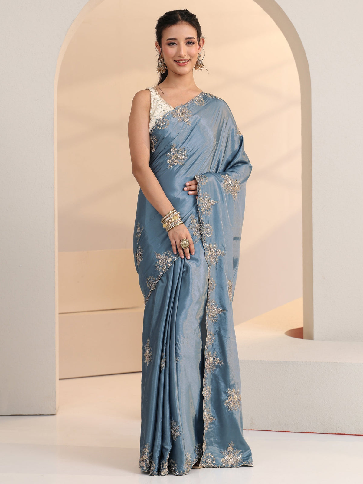 Anouk Dusty Blue Floral Embroidered Silk Saree
