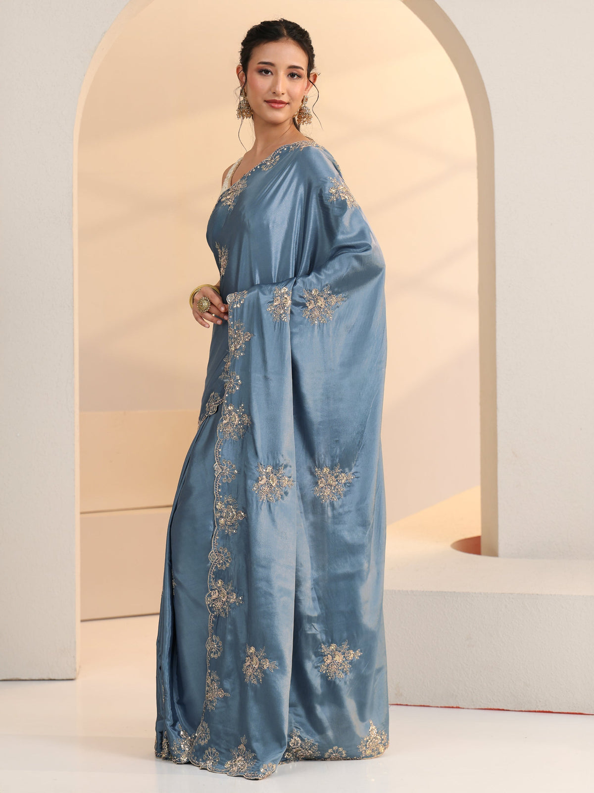 Anouk Dusty Blue Floral Embroidered Silk Saree