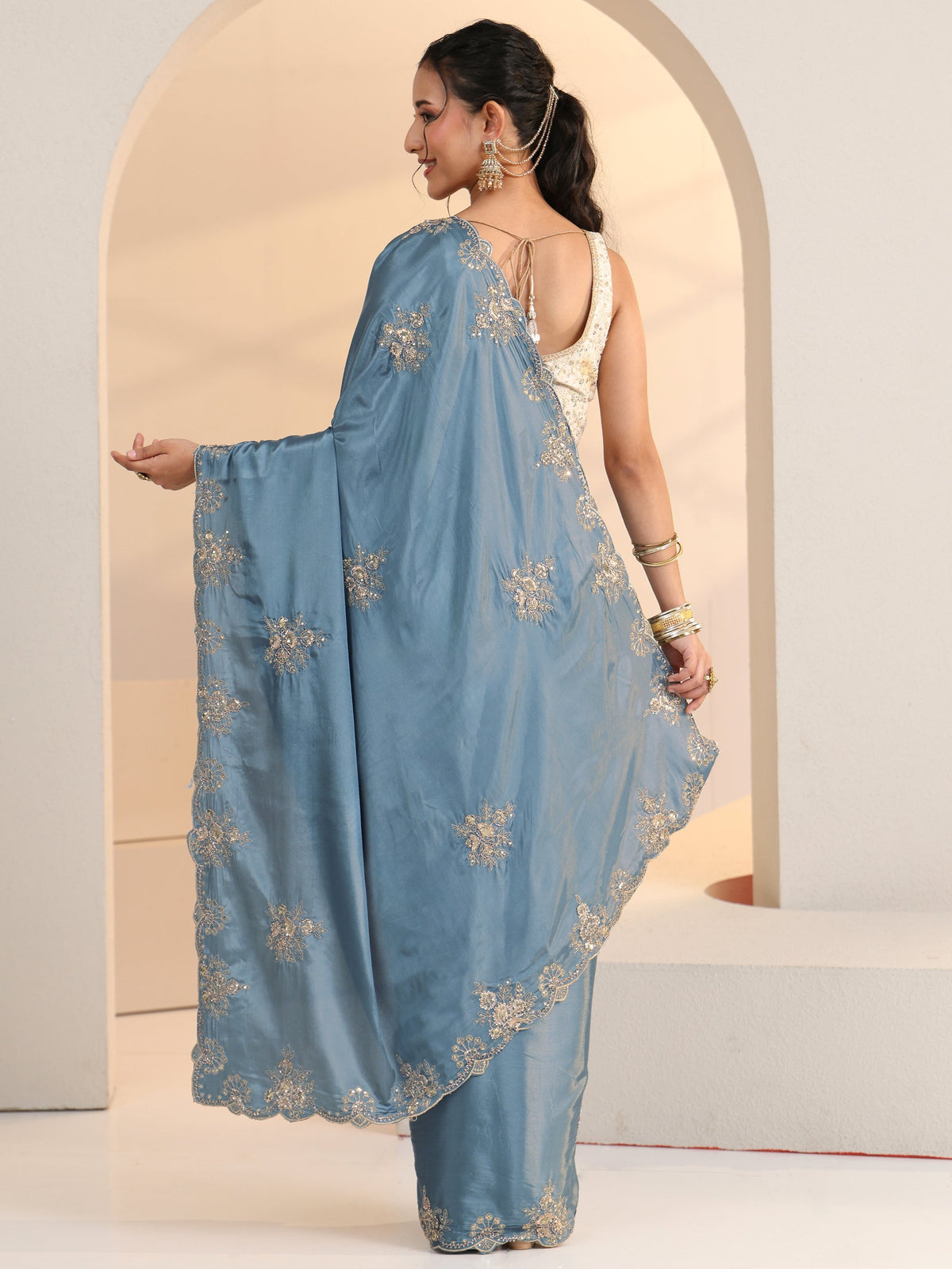 Anouk Dusty Blue Floral Embroidered Silk Saree