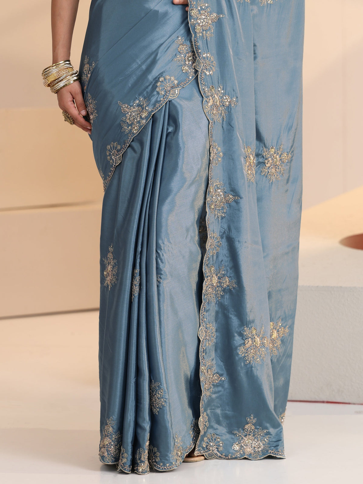 Anouk Dusty Blue Floral Embroidered Silk Saree