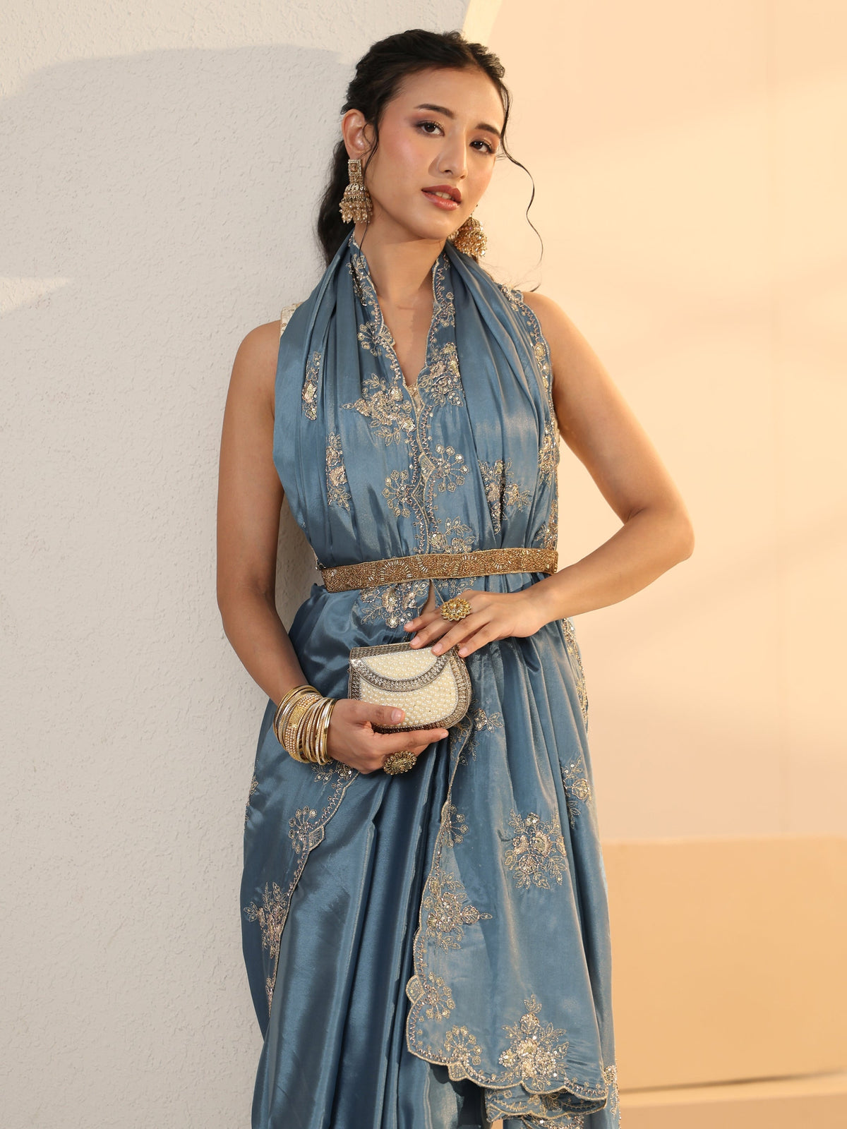 Anouk Dusty Blue Floral Embroidered Silk Saree