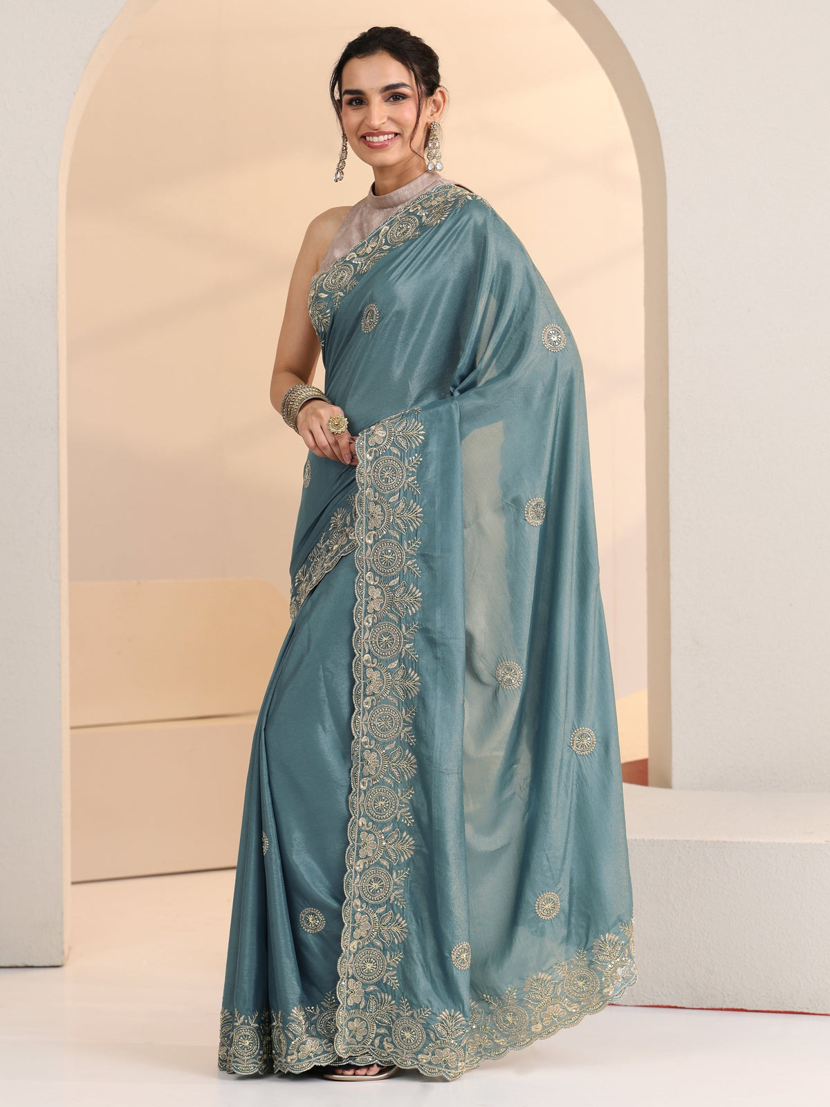 Anouk Dusty Blue Embroidered Silk Blend Saree