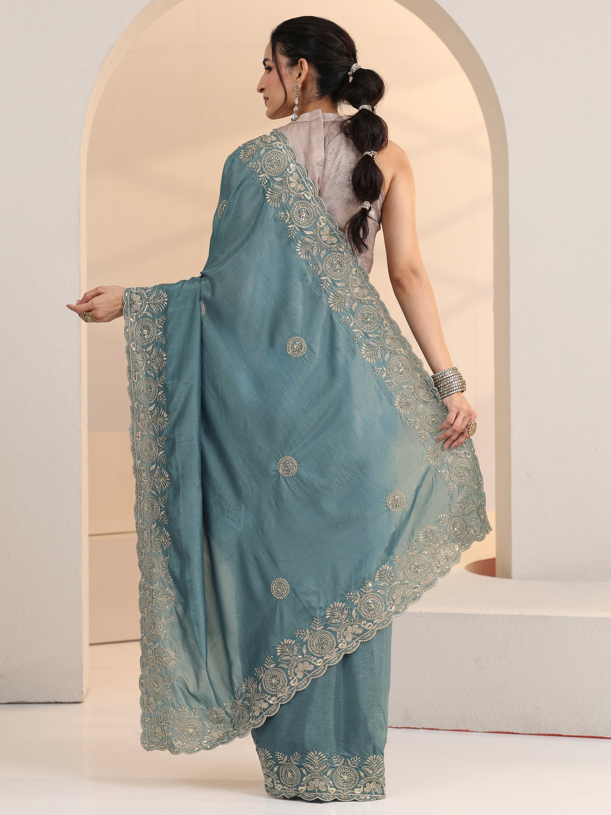 Anouk Dusty Blue Embroidered Silk Blend Saree