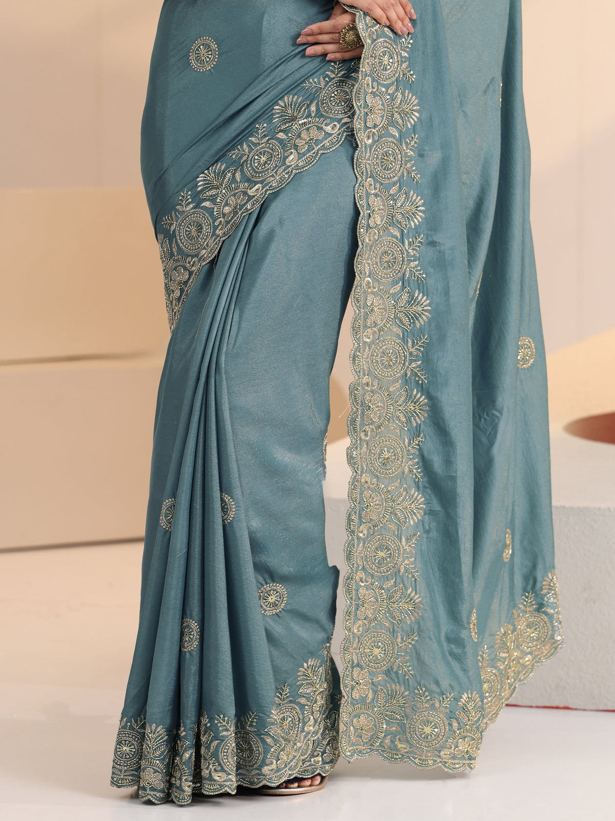 Anouk Dusty Blue Embroidered Silk Blend Saree