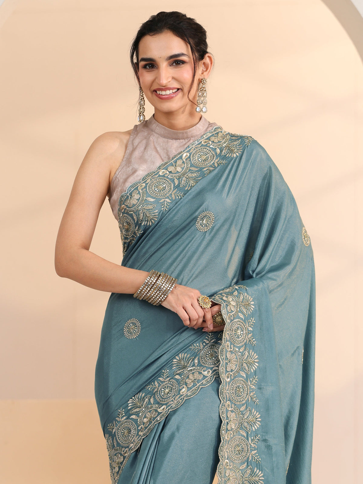 Anouk Dusty Blue Embroidered Silk Blend Saree