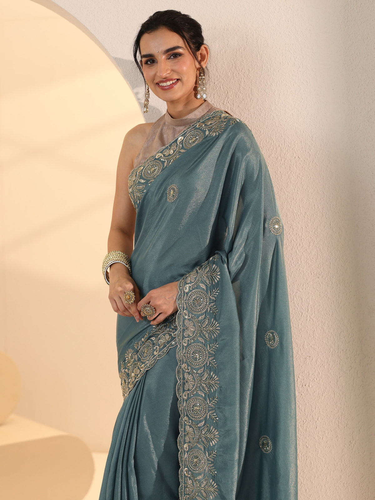 Anouk Dusty Blue Embroidered Silk Blend Saree