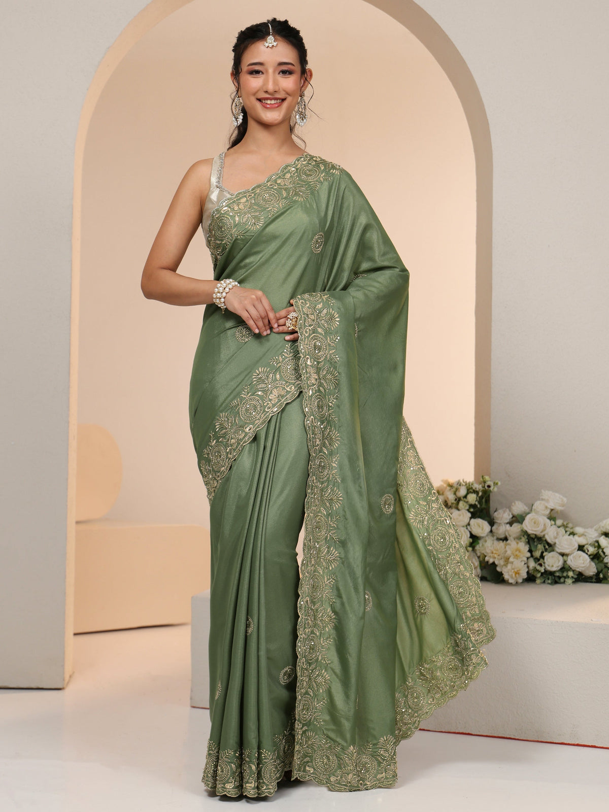 Anouk Sage Green Embroidered Silk Blend Saree
