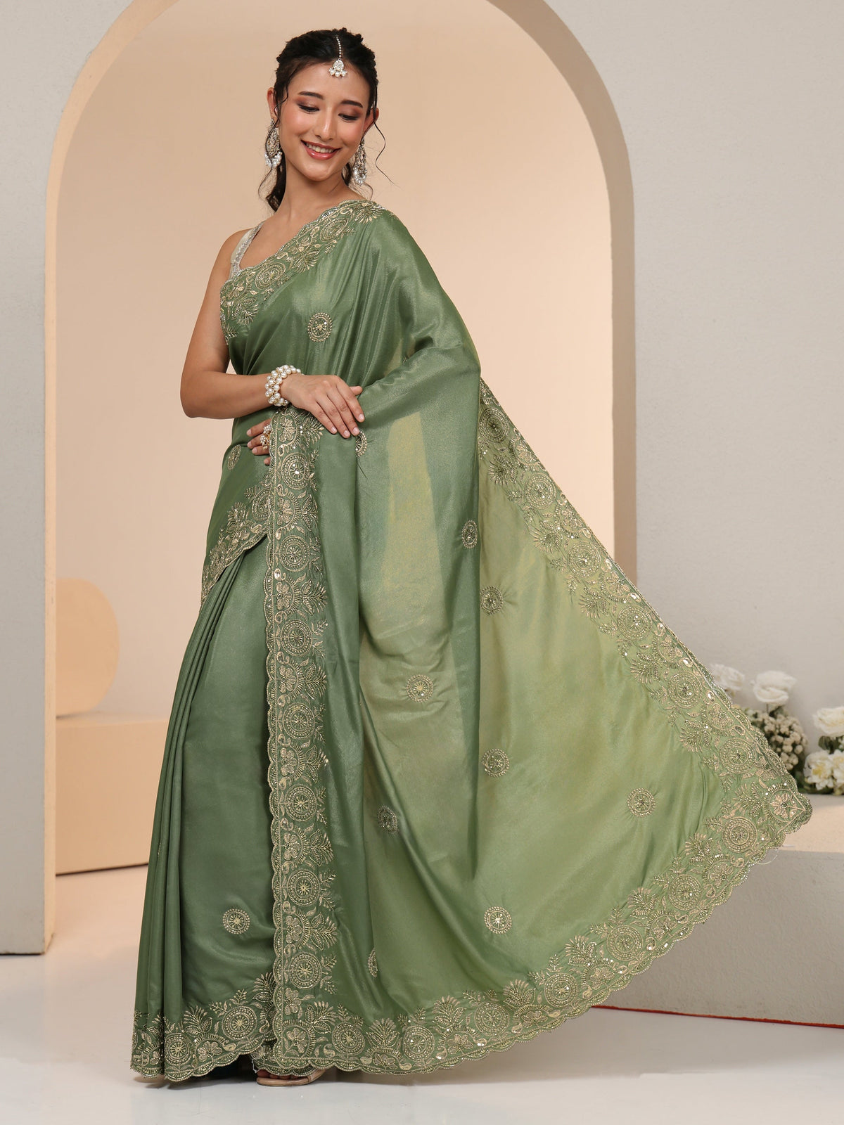 Anouk Sage Green Embroidered Silk Blend Saree