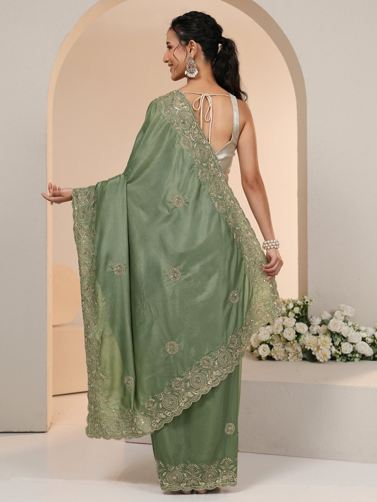 Anouk Sage Green Embroidered Silk Blend Saree