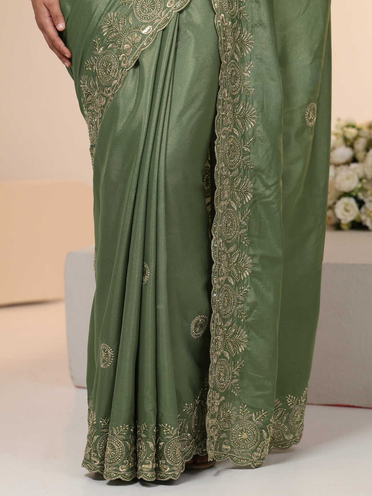 Anouk Sage Green Embroidered Silk Blend Saree