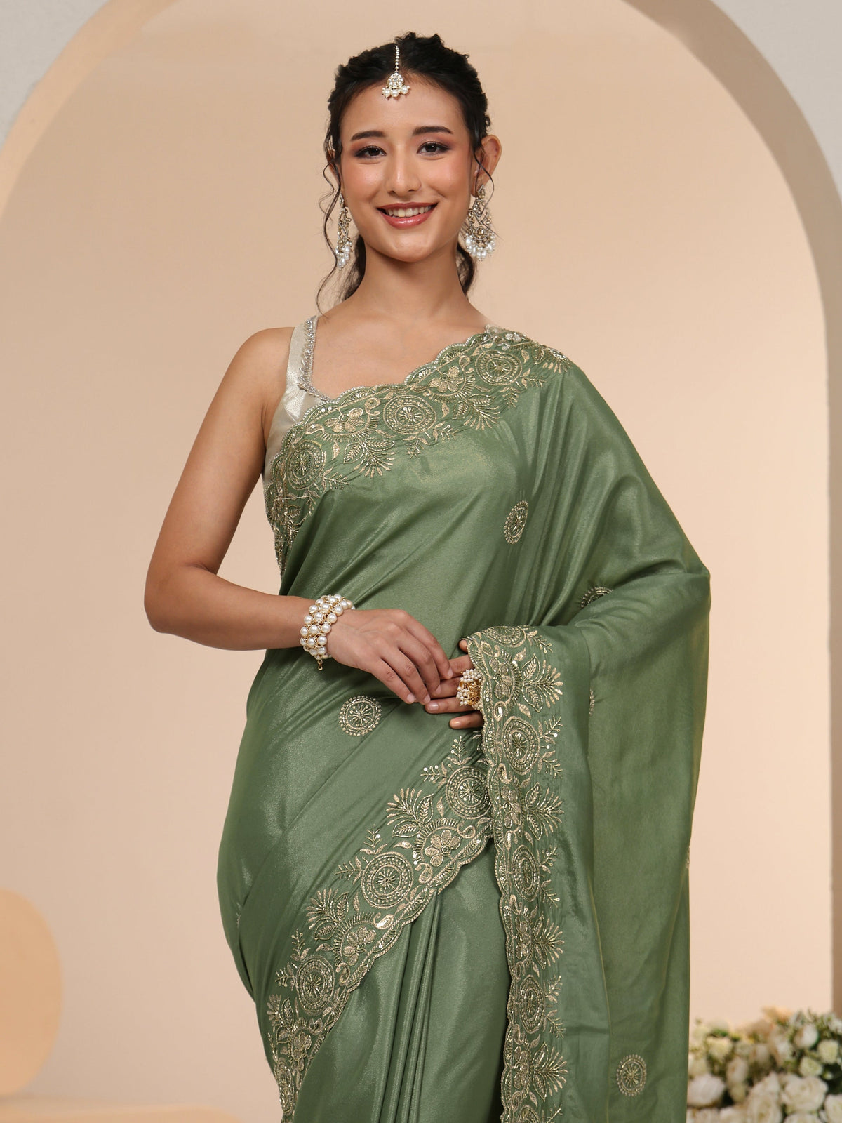Anouk Sage Green Embroidered Silk Blend Saree