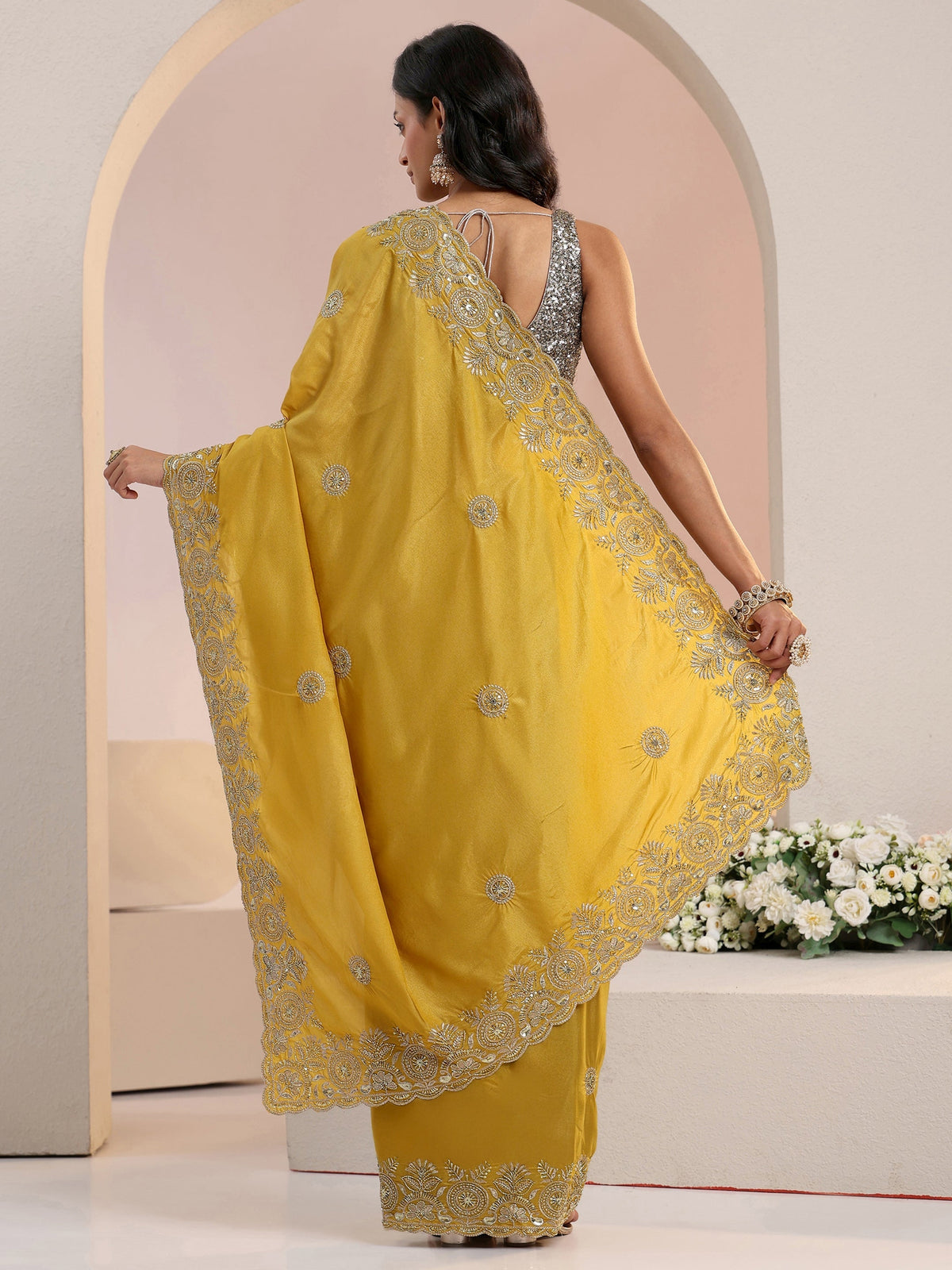 Anouk Mustard Embroidered Silk Blend Saree