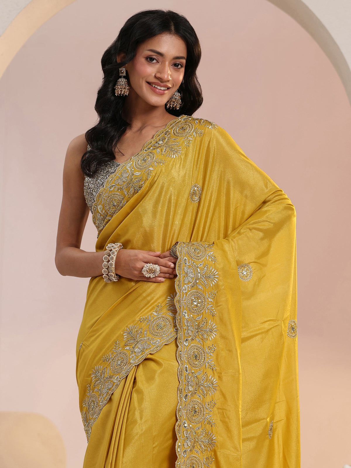Anouk Mustard Embroidered Silk Blend Saree