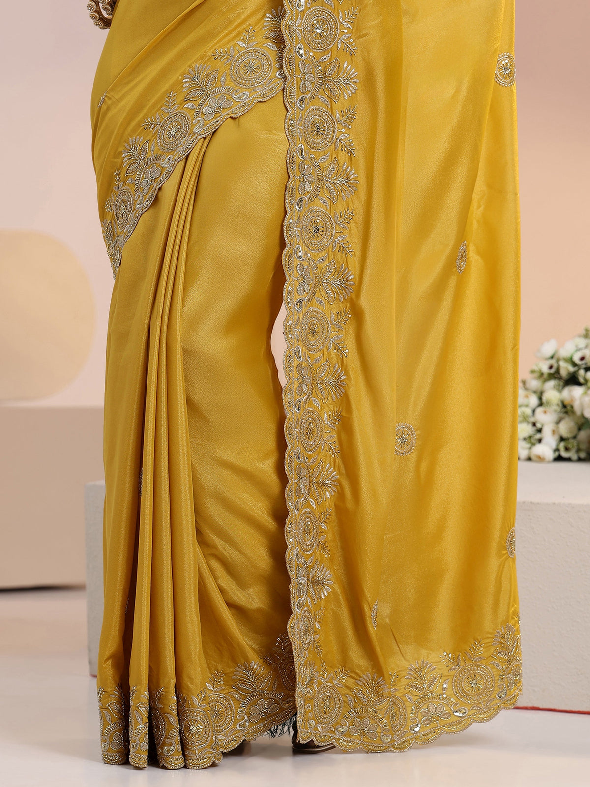 Anouk Mustard Embroidered Silk Blend Saree