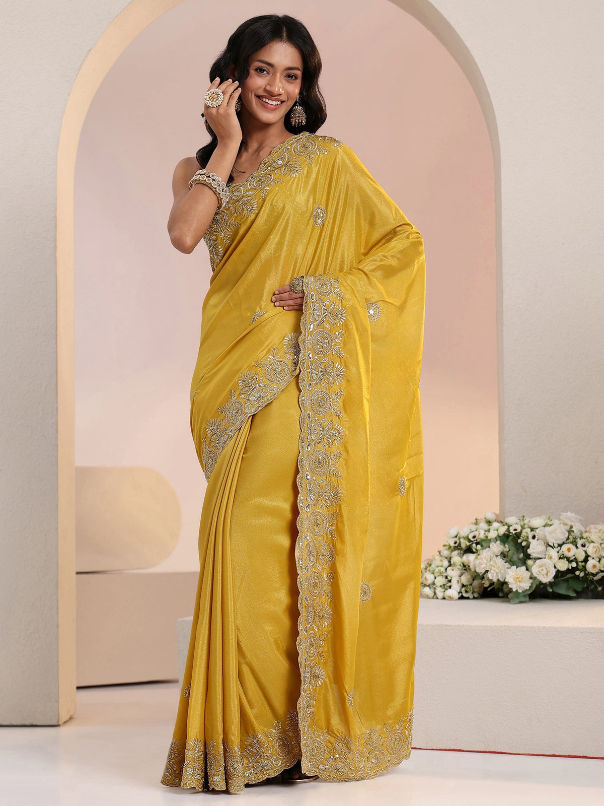 Anouk Mustard Embroidered Silk Blend Saree