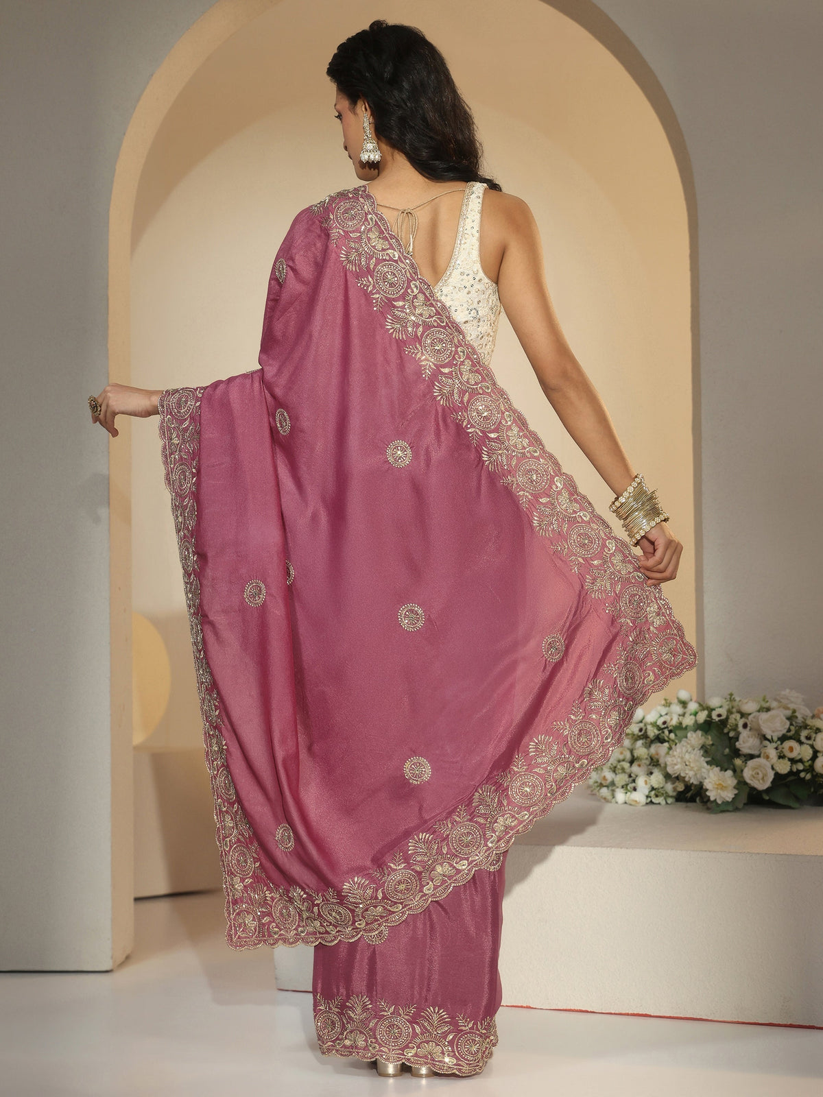 Anouk Dusty Rose Pink Embroidered Silk Blend Saree