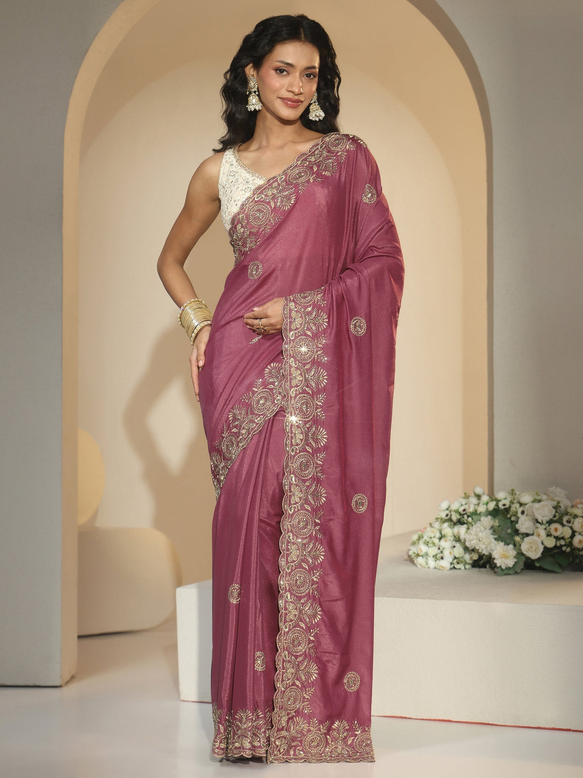 Anouk Dusty Rose Pink Embroidered Silk Blend Saree