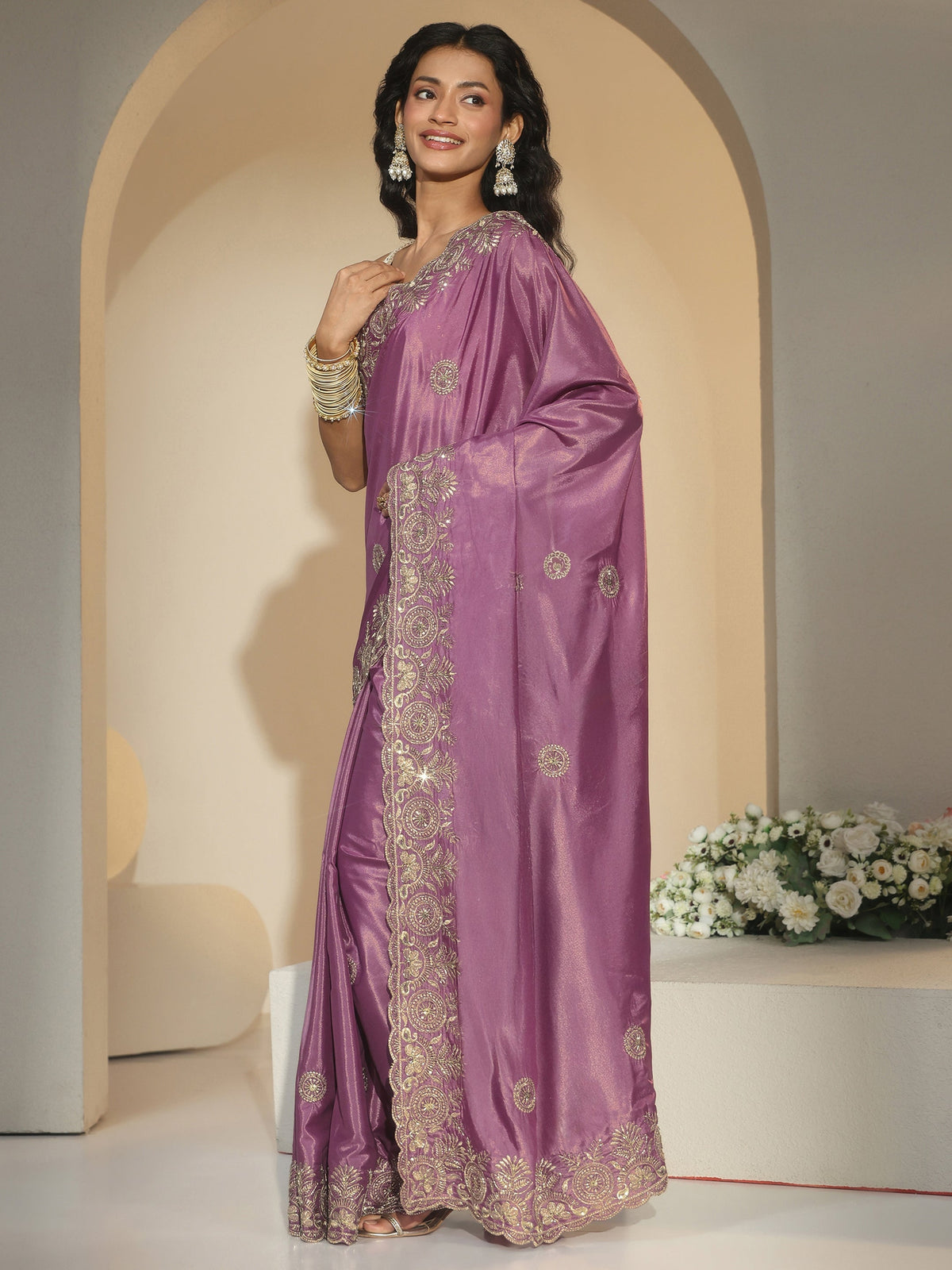 Anouk Mauve Embroidered Silk Blend Saree