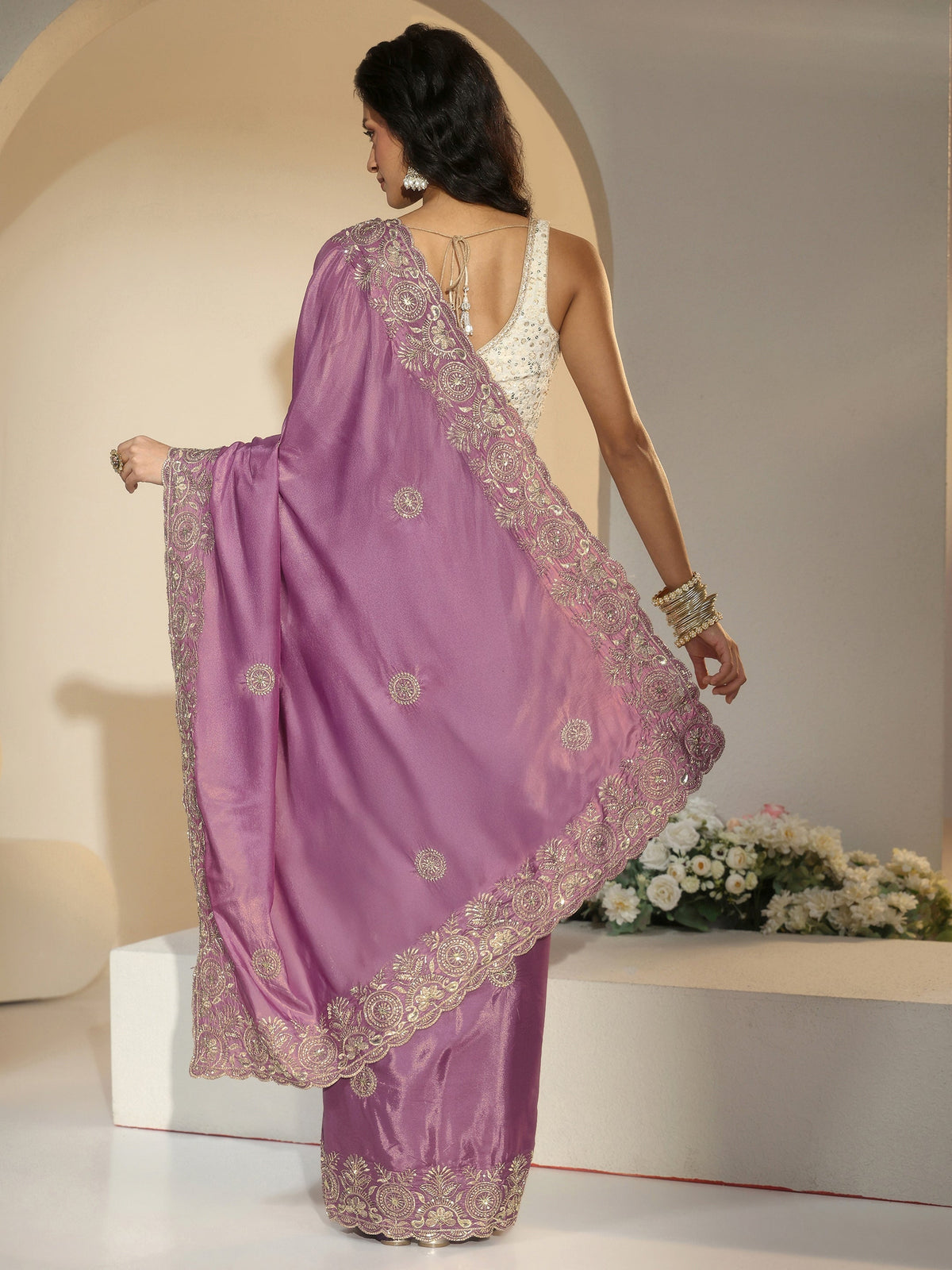 Anouk Mauve Embroidered Silk Blend Saree