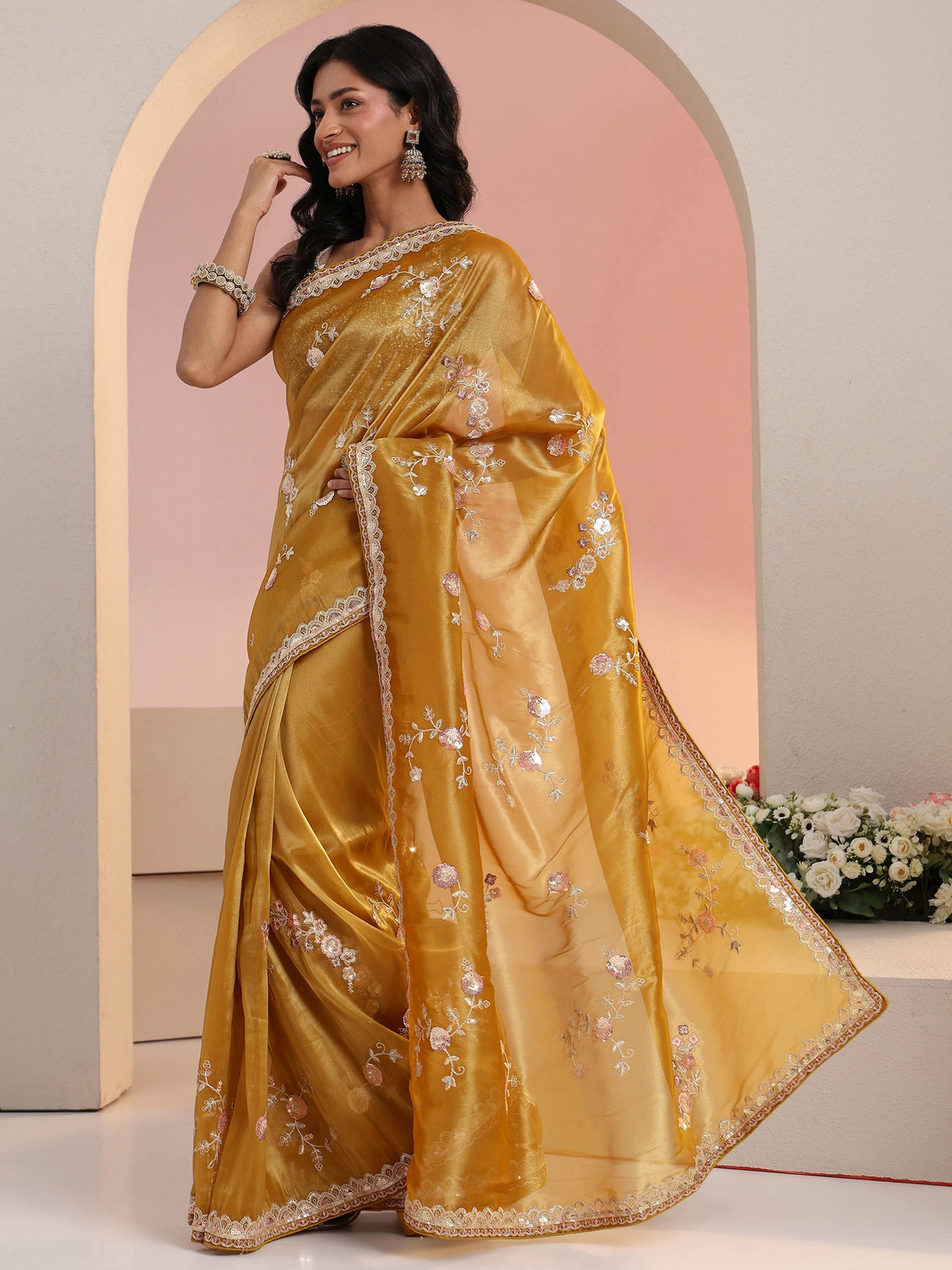 Anouk Mustard Floral Embellished Tissue Saree