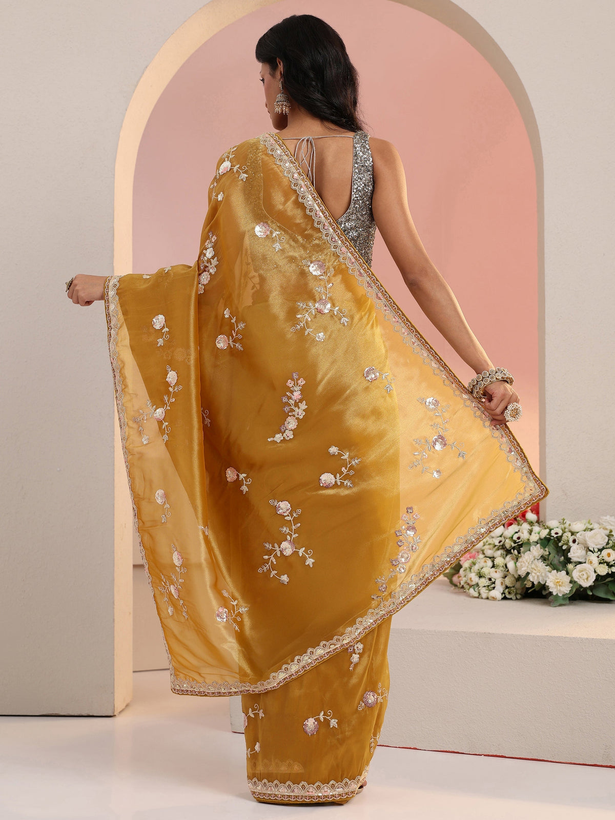Anouk Mustard Floral Embellished Tissue Saree