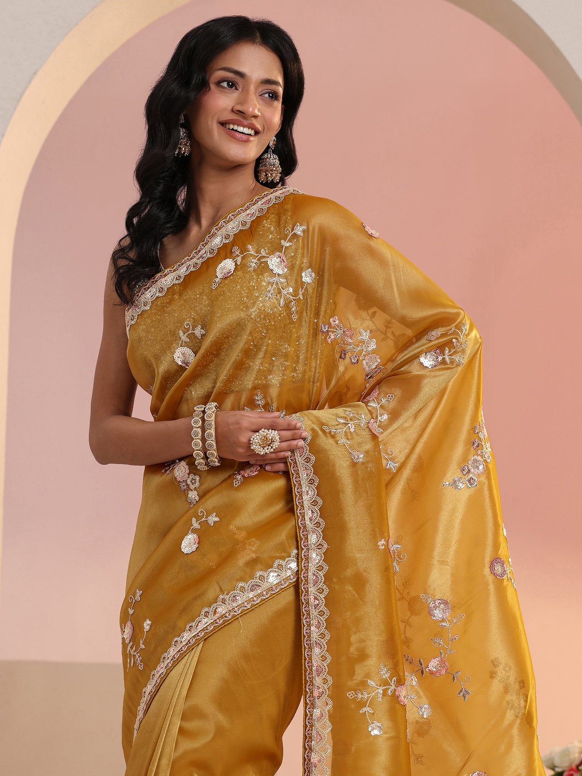 Anouk Mustard Floral Embellished Tissue Saree
