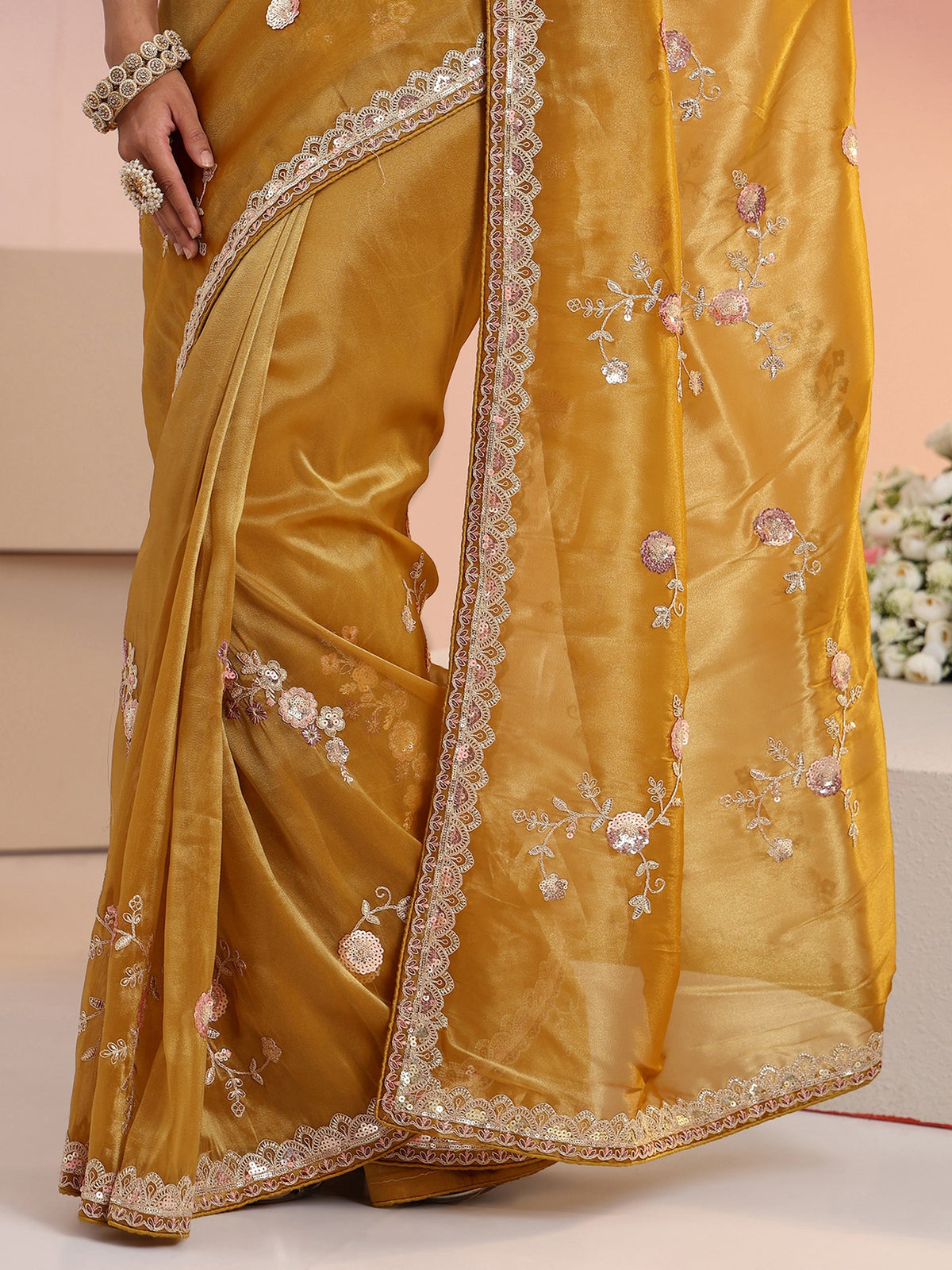Anouk Mustard Floral Embellished Tissue Saree