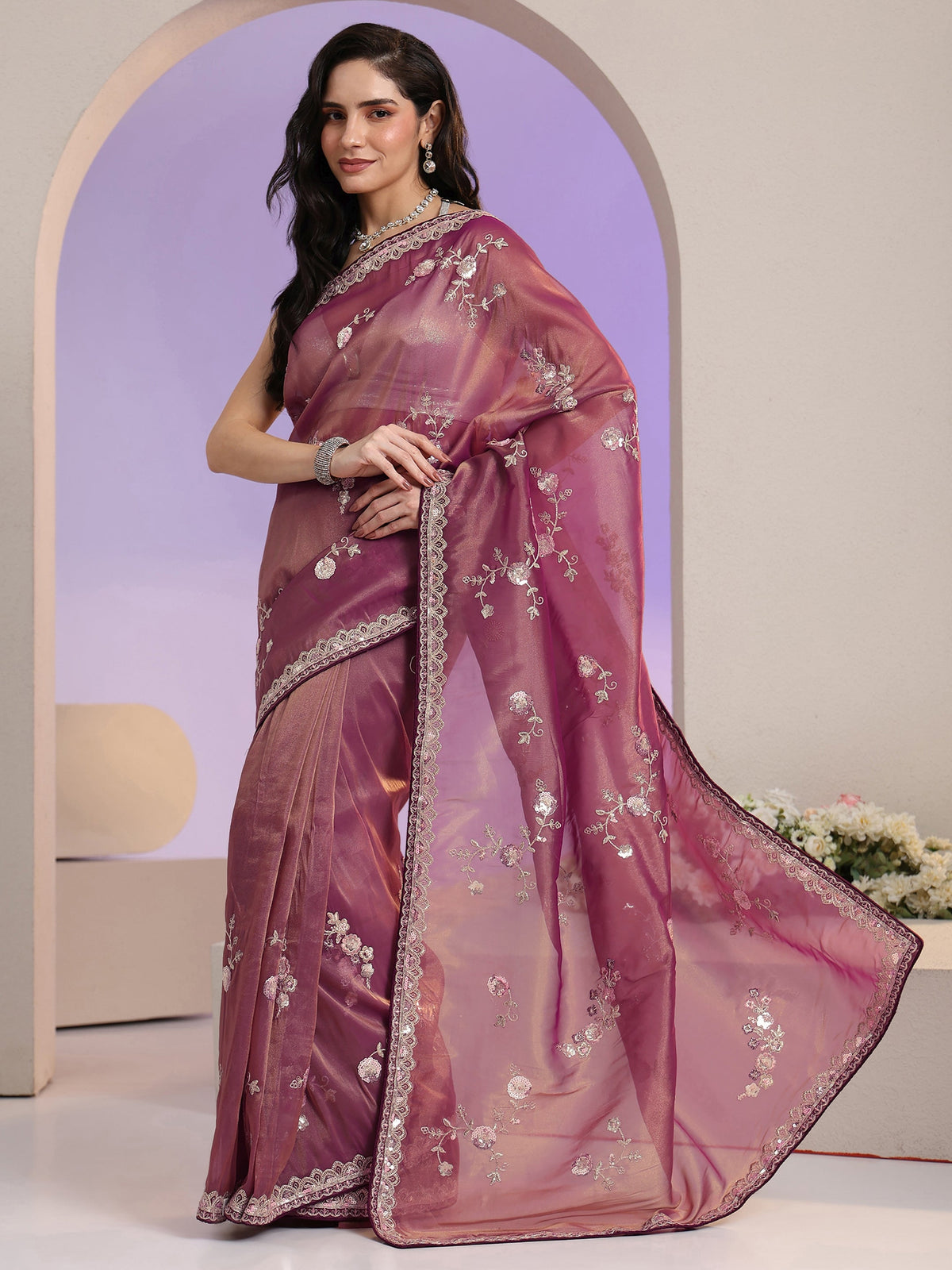 Anouk Mauve Floral Embellished Tissue Saree