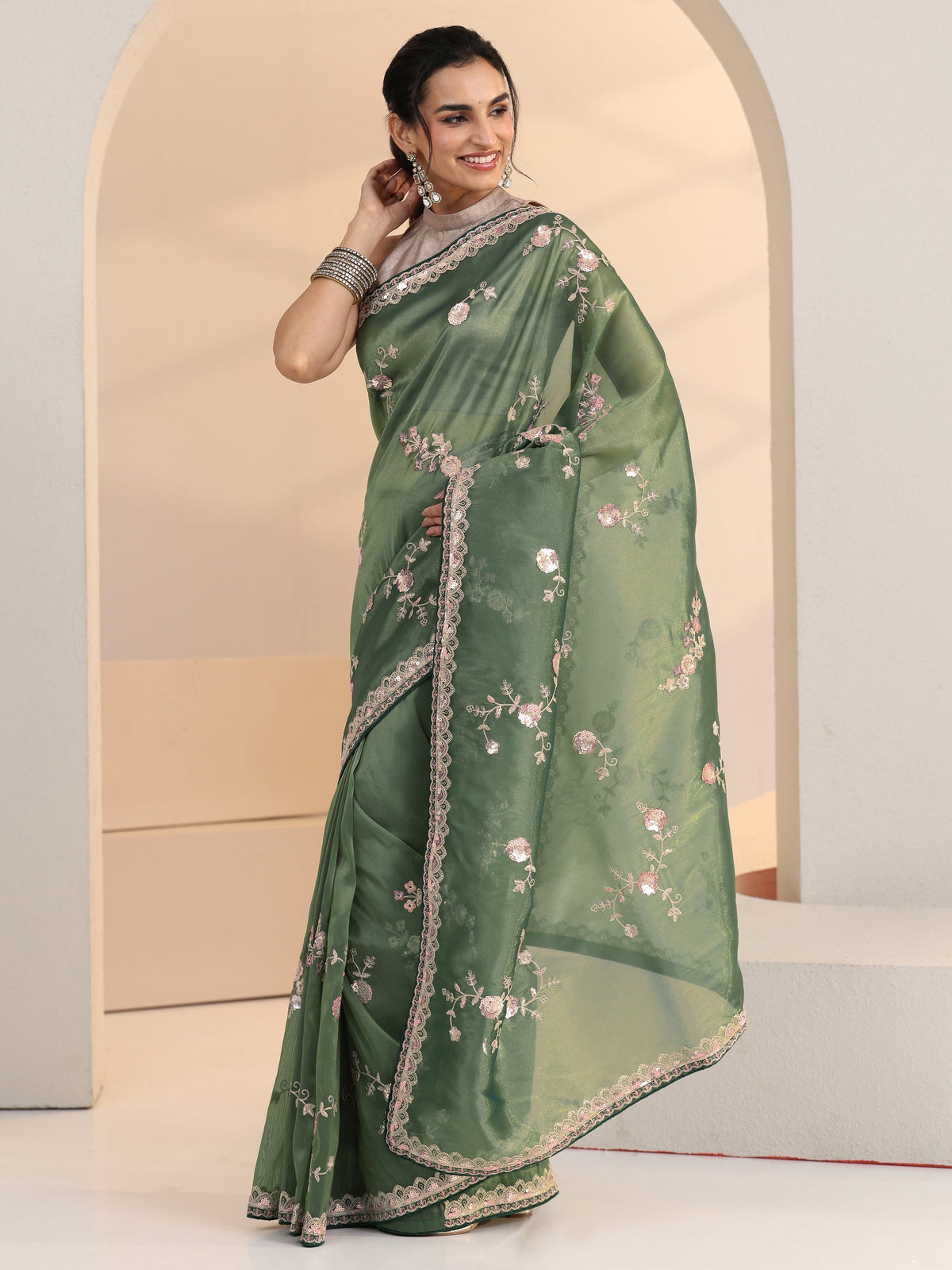Anouk Sage Green Floral Embellished Tissue Saree