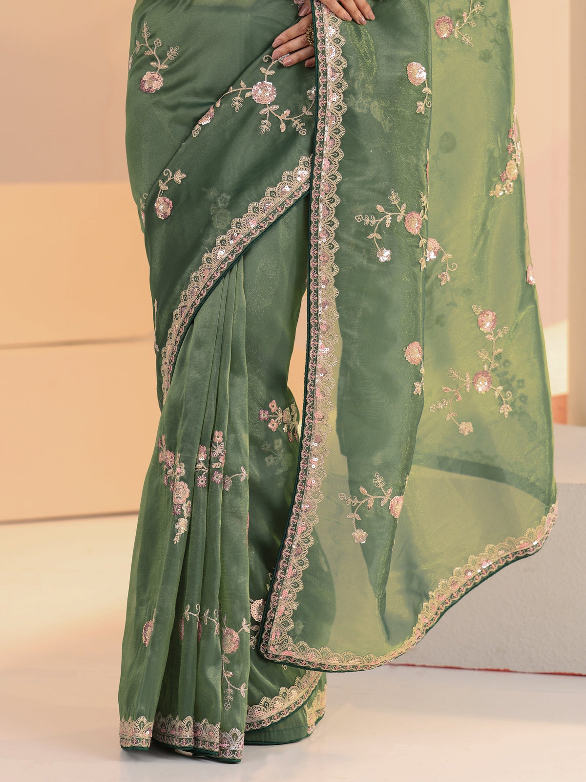 Anouk Sage Green Floral Embellished Tissue Saree