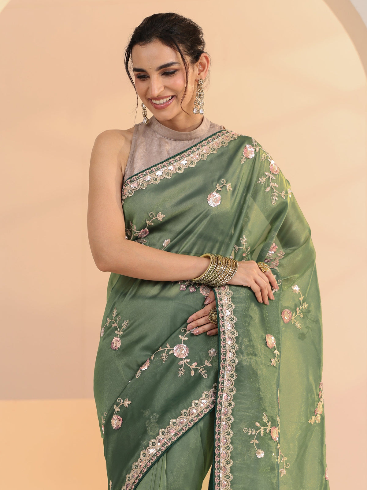 Anouk Sage Green Floral Embellished Tissue Saree