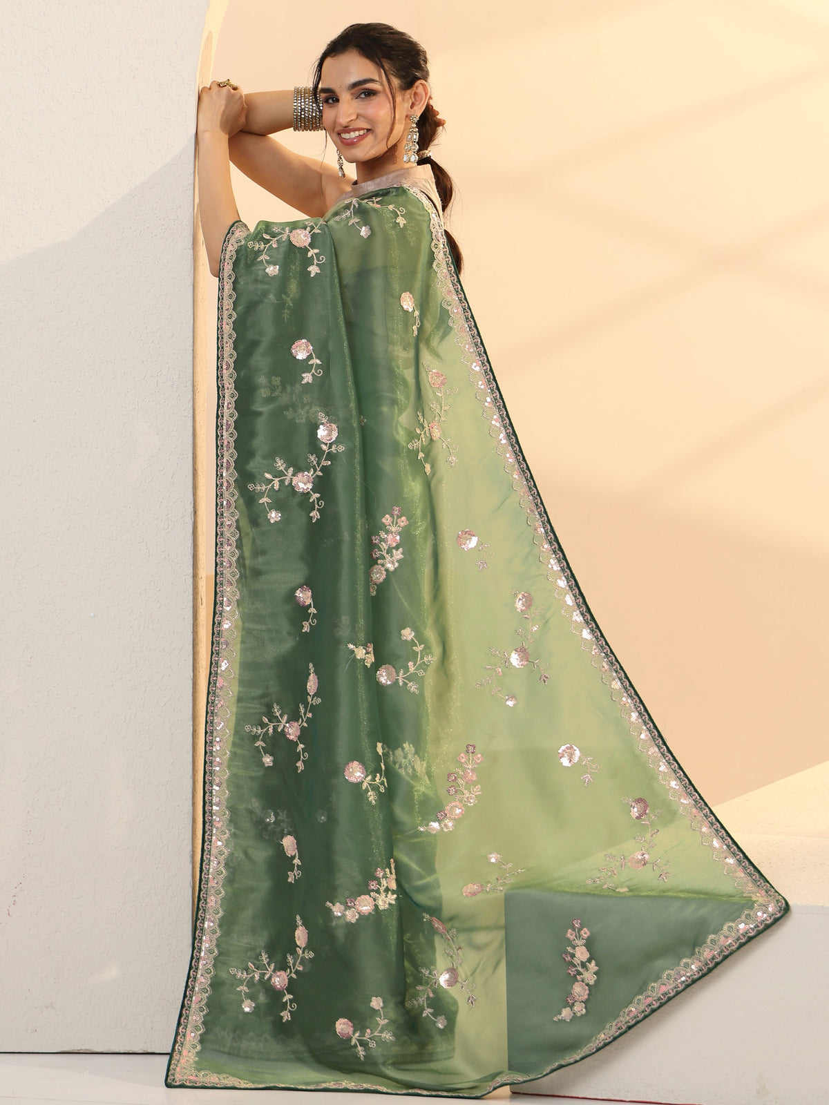 Anouk Sage Green Floral Embellished Tissue Saree