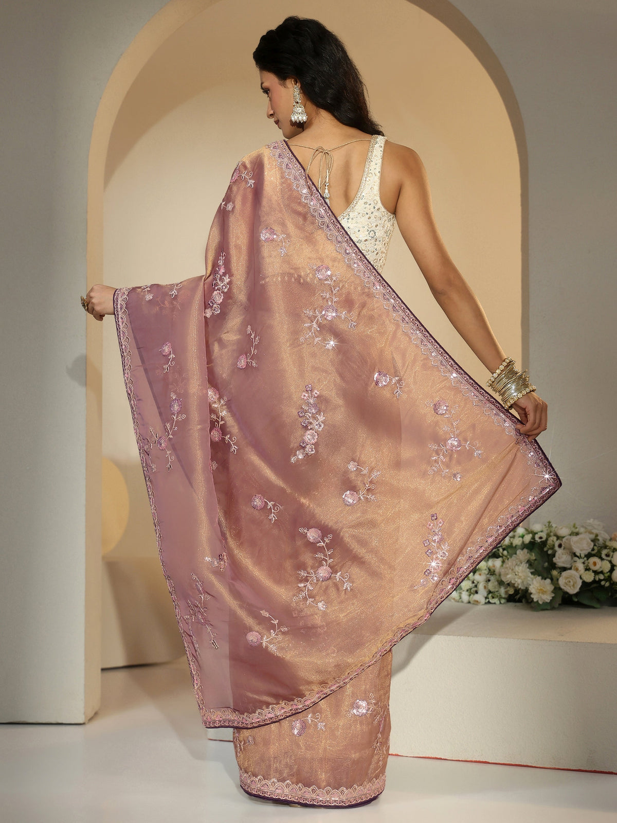 Anouk Taupe Floral Embellished Tissue Saree