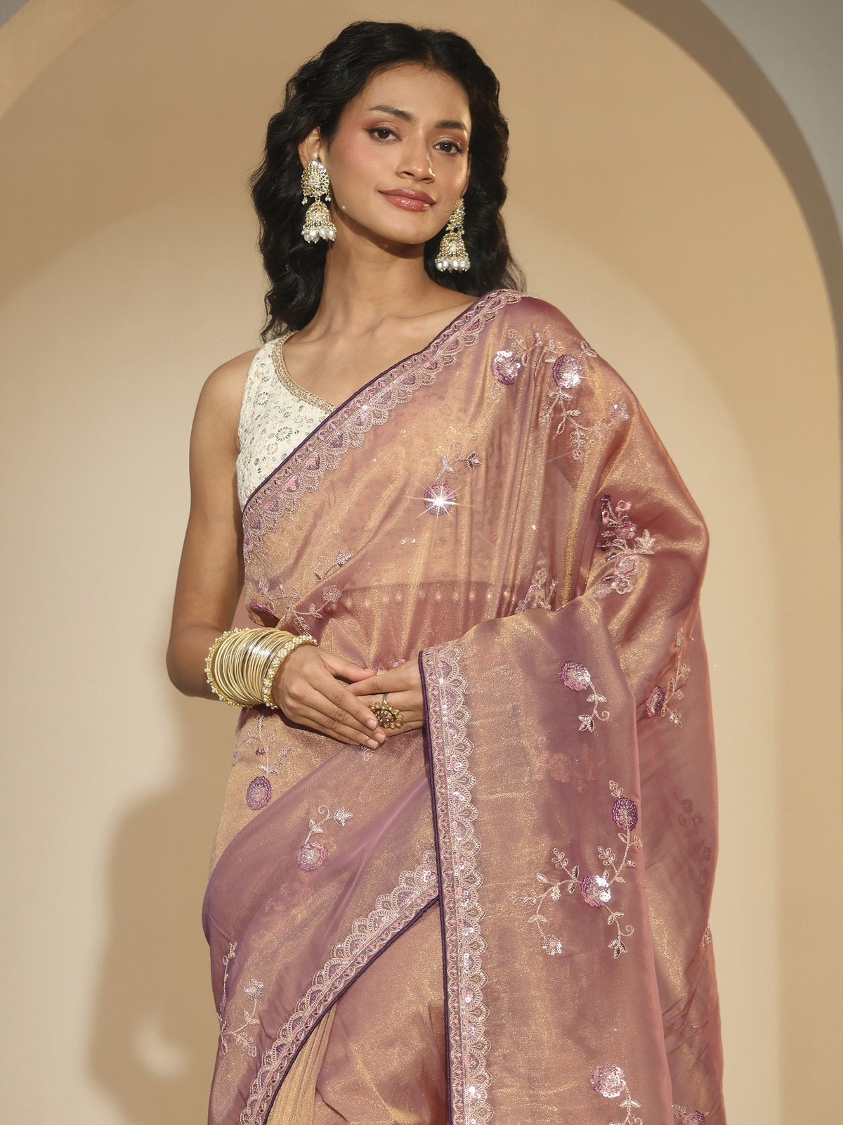 Anouk Taupe Floral Embellished Tissue Saree